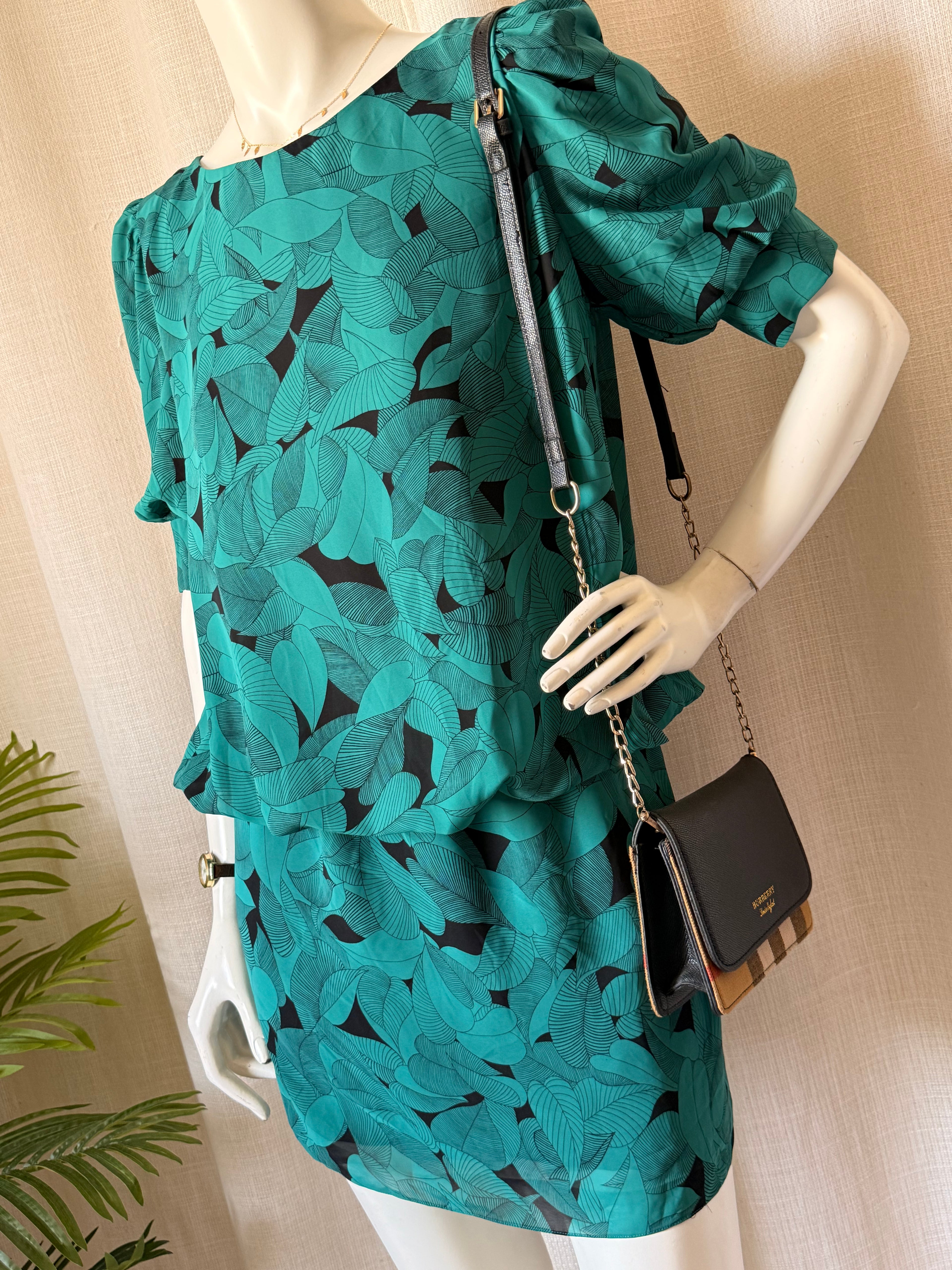 Belinda Bates Emerald Green Leaf Print Mini Dress - Puff Sleeve - Size UK 10