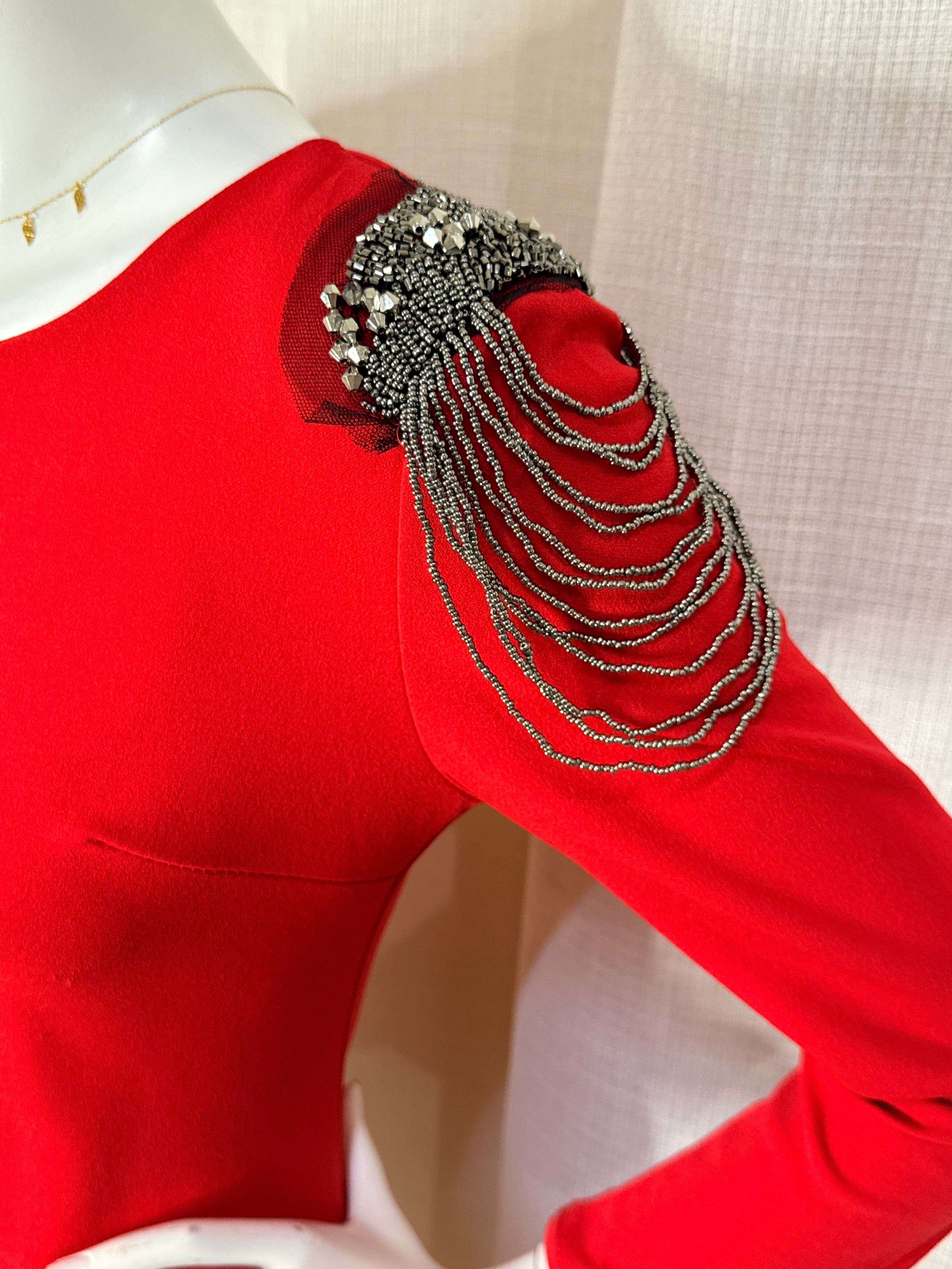 Italian Beaded Fringe Shoulder Red Bodycon Mini Dress – UK 10 / Medium