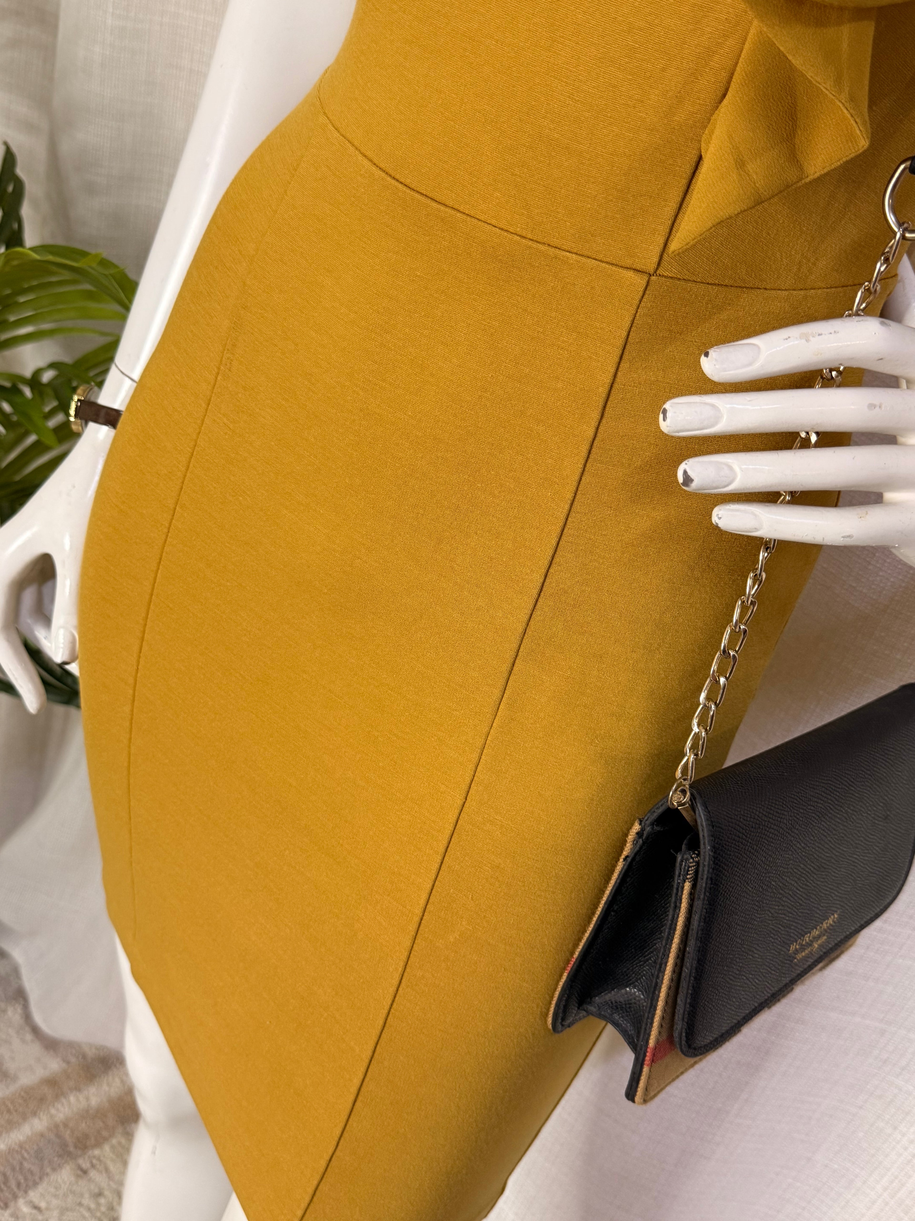 Fornarina Mustard Yellow Ruffle Shoulder Fitted Mini Dress – Size S / UK 8