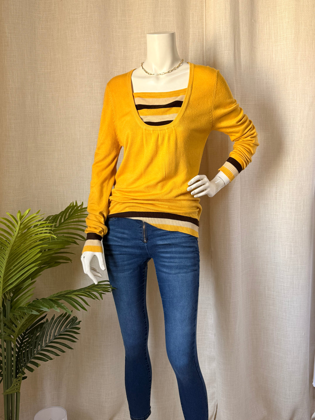 Mustard Yellow Layered-Look Striped Knit Sweater | Medium
