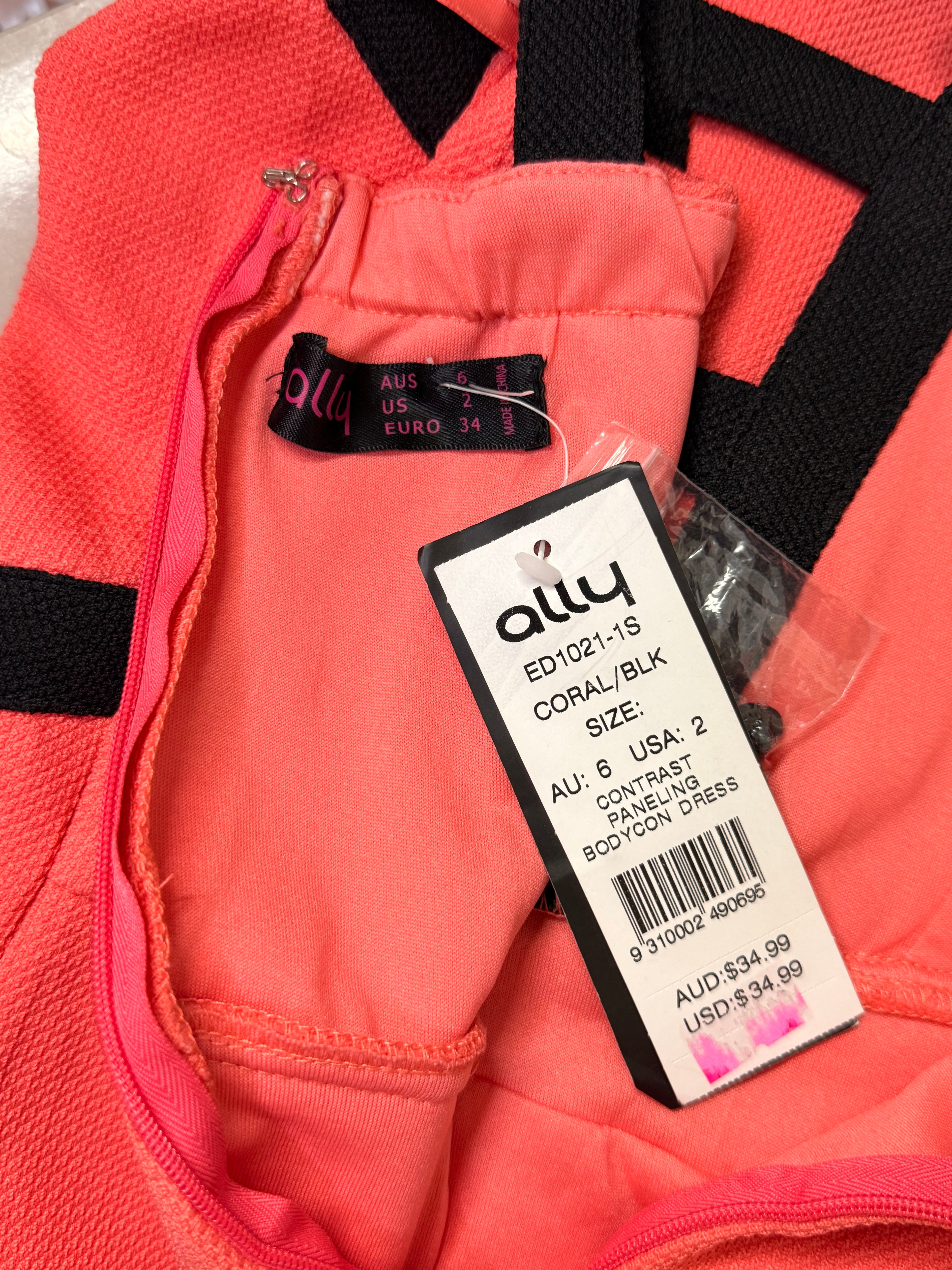 Ally Fashion Coral & Black Contrast Paneling Cutout Bodycon Dress – Size XS / UK 6 | NWT