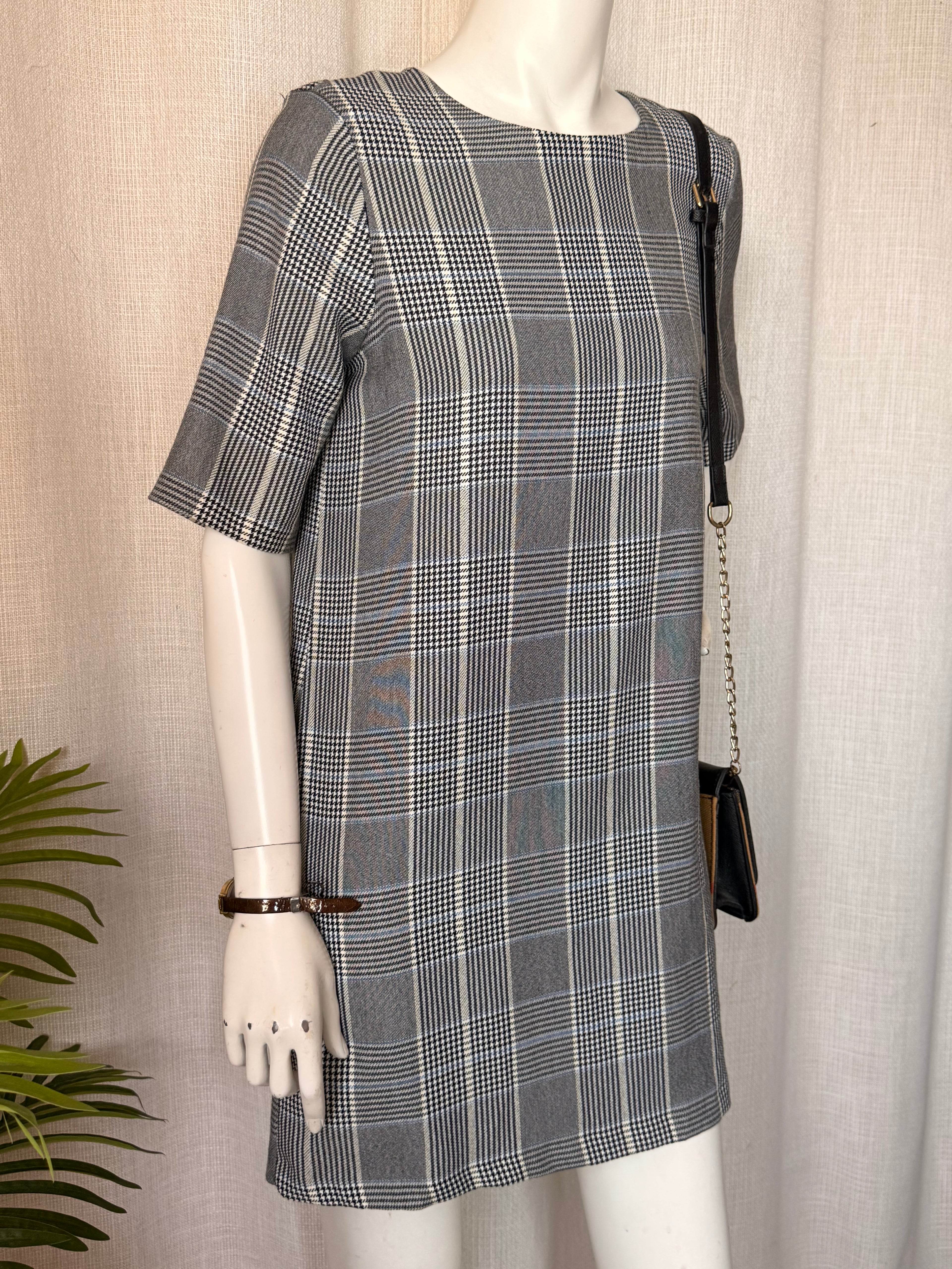Zara TRF Grey Plaid Checkered Shift Mini Dress - Size L (Bust 40")