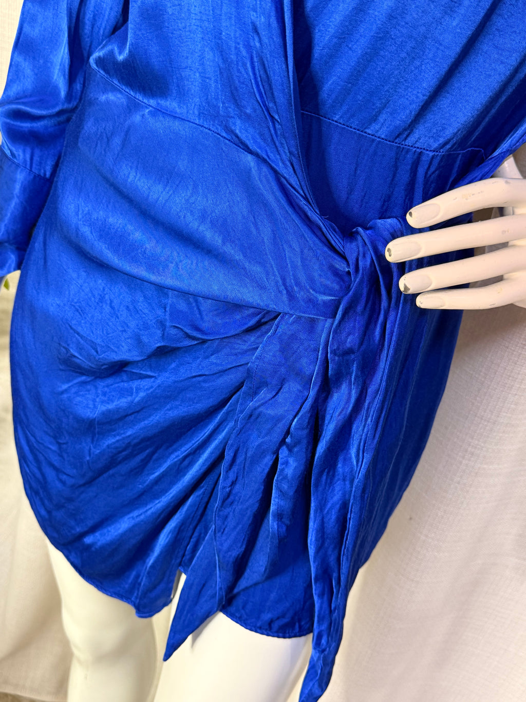 Zara Cobalt Blue Satin Shirt Wrap Mini Dress - Size M