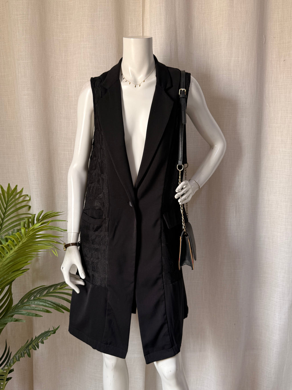 Rocco Collection Black Sleeveless Longline Vest – Size S | Sheer Panel Open Blazer | Elegant Layering Piece