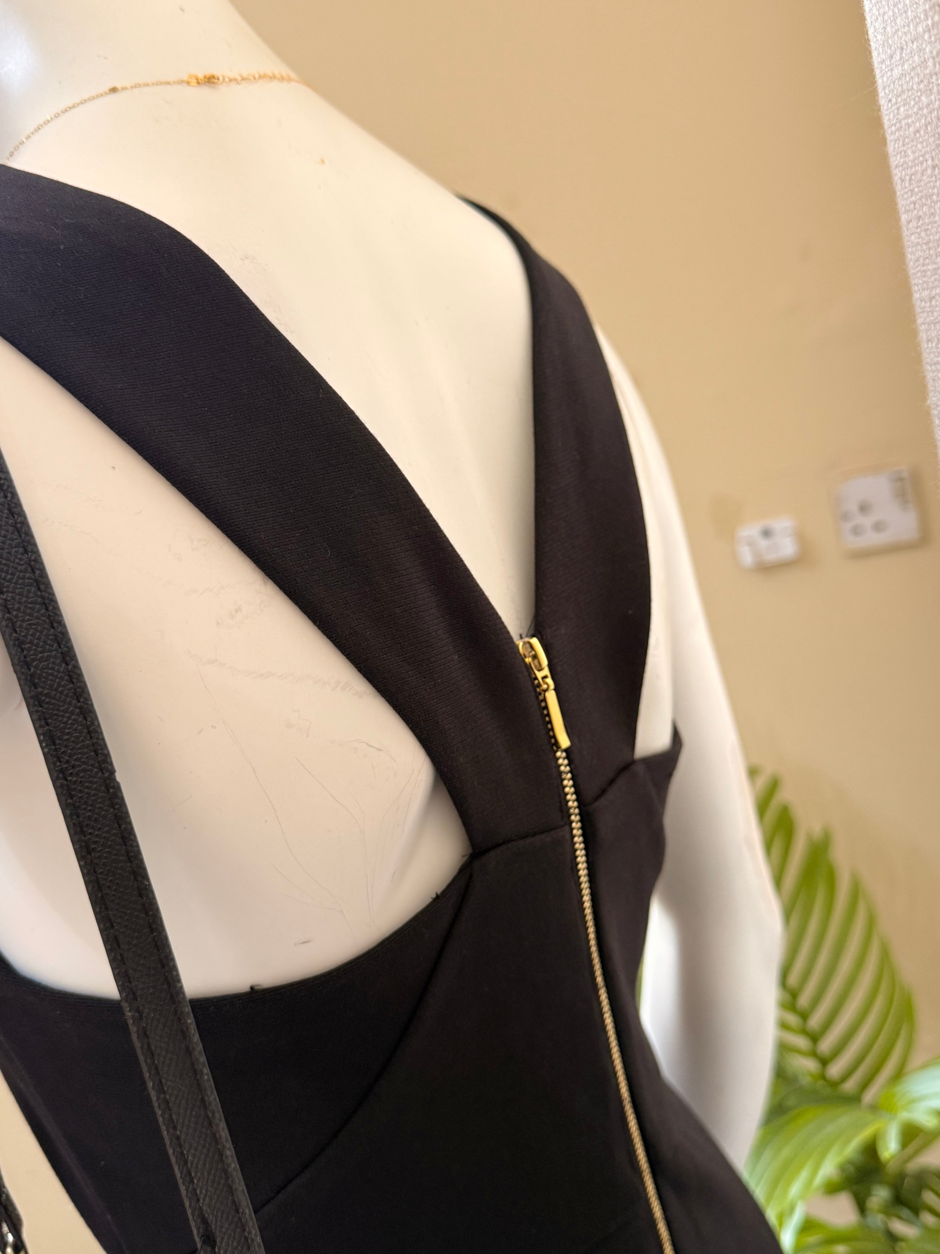 Black V-Neck Bodycon Dress | Exposed Gold Zip Cocktail Dress