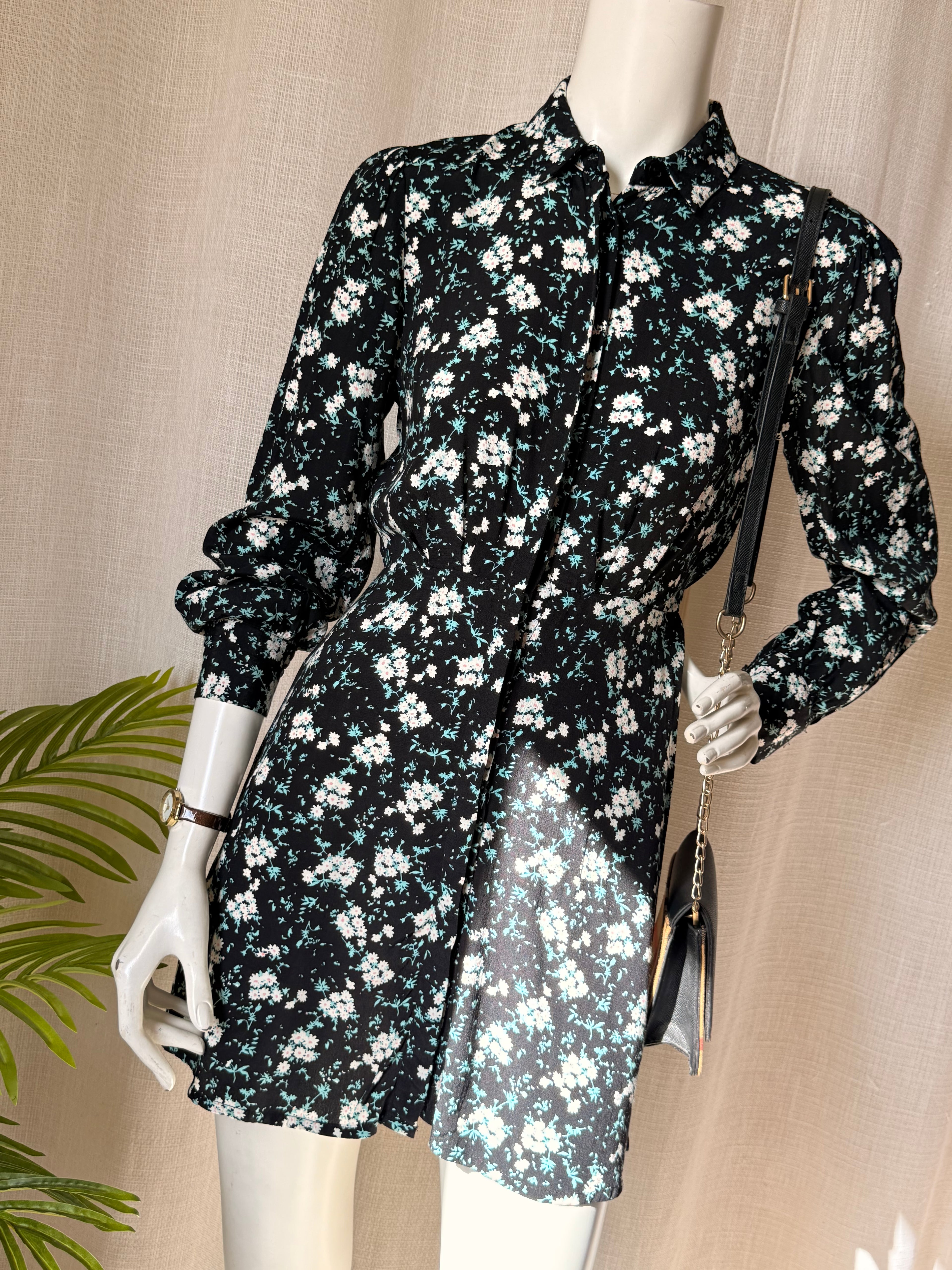 Pimkie Floral Shirt Dress - Black & Teal A-Line Button-Down - Size Medium