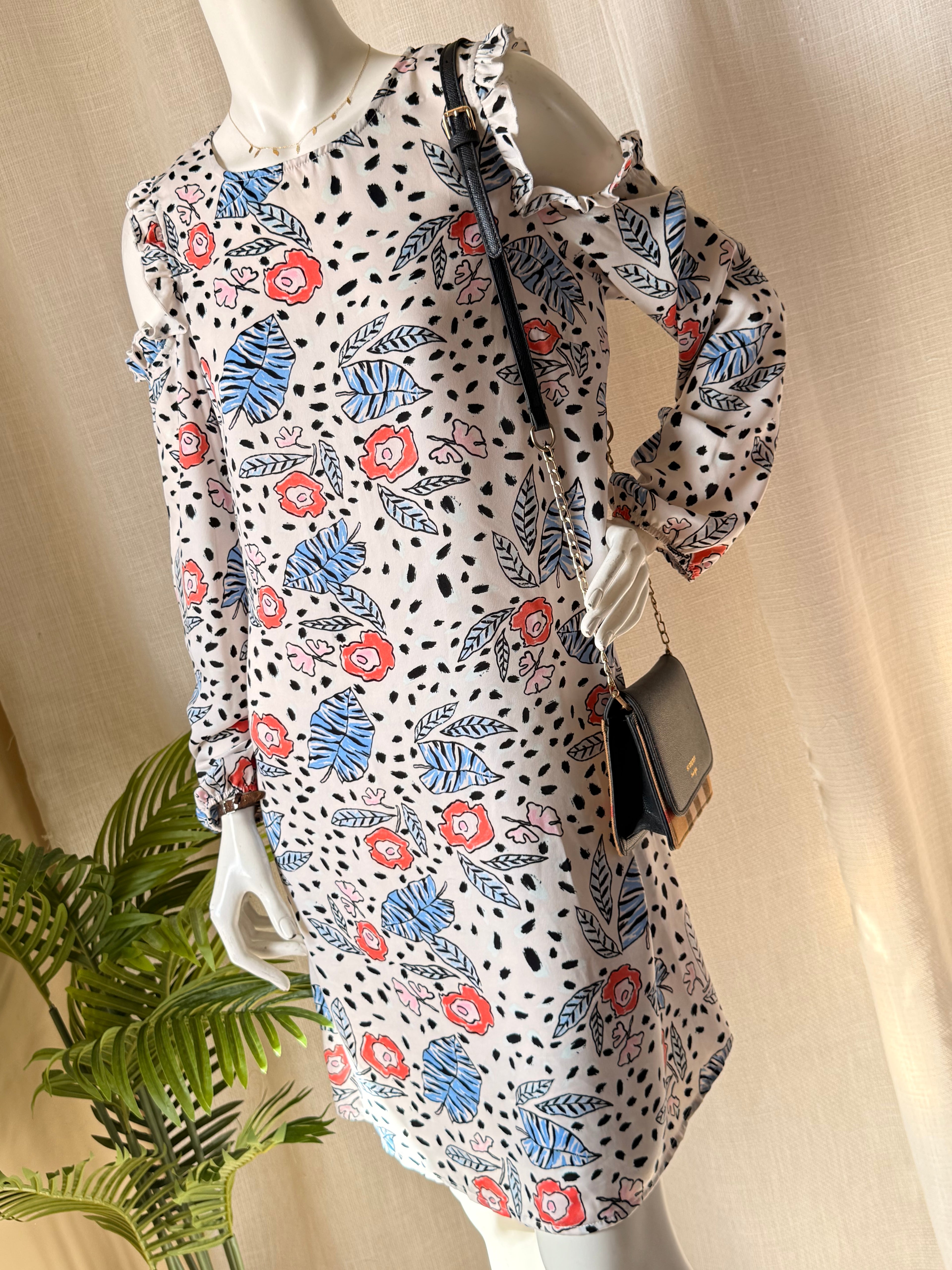Glamorous Tall Abstract Floral & Spot Print Cold Shoulder Dress - Size 14 - Long Sleeve