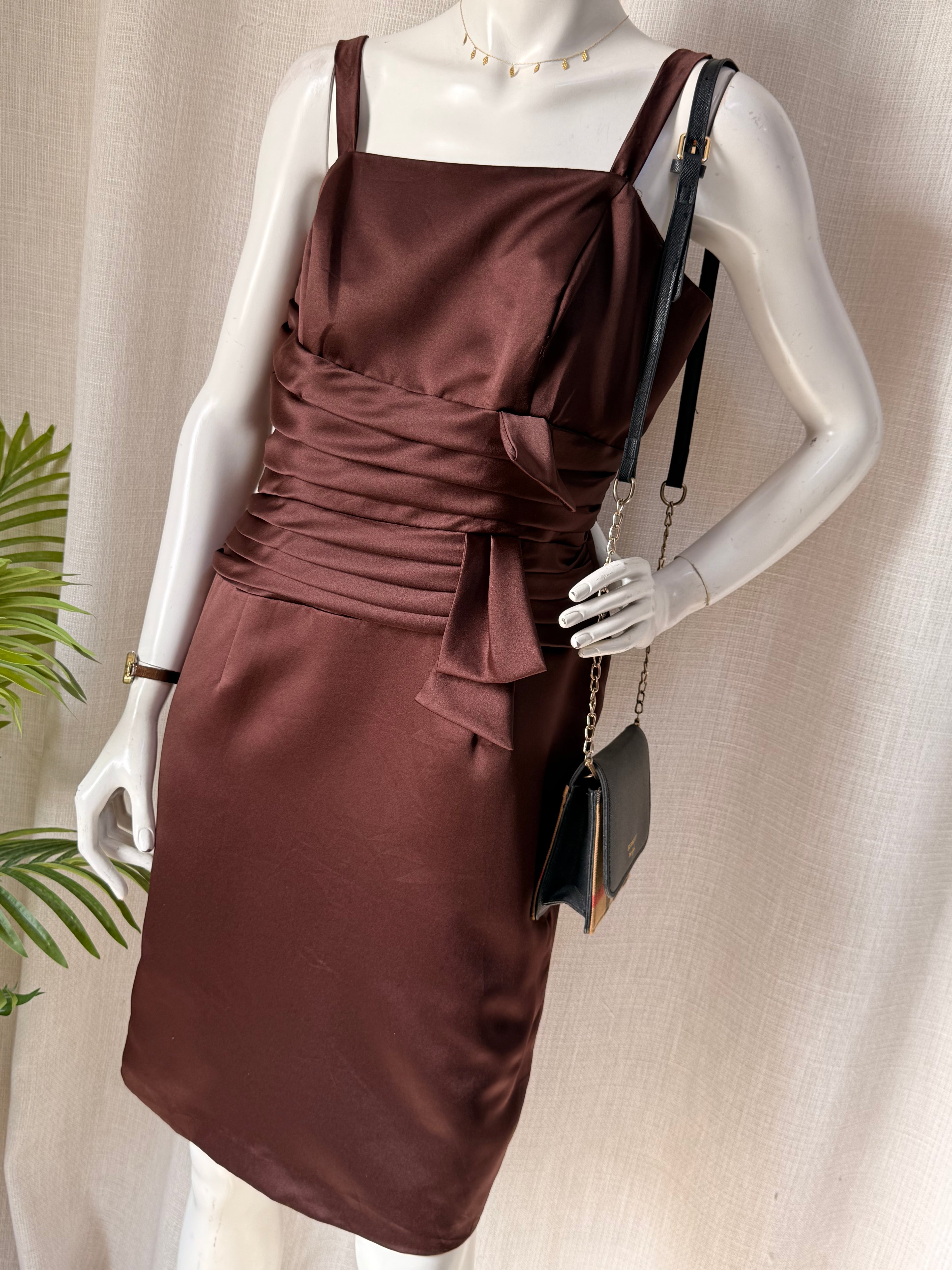 BARI JAY Chocolate Brown Satin Ruched Bow Cocktail Dress – Size US 14 | Elegant Evening & Formal Dress