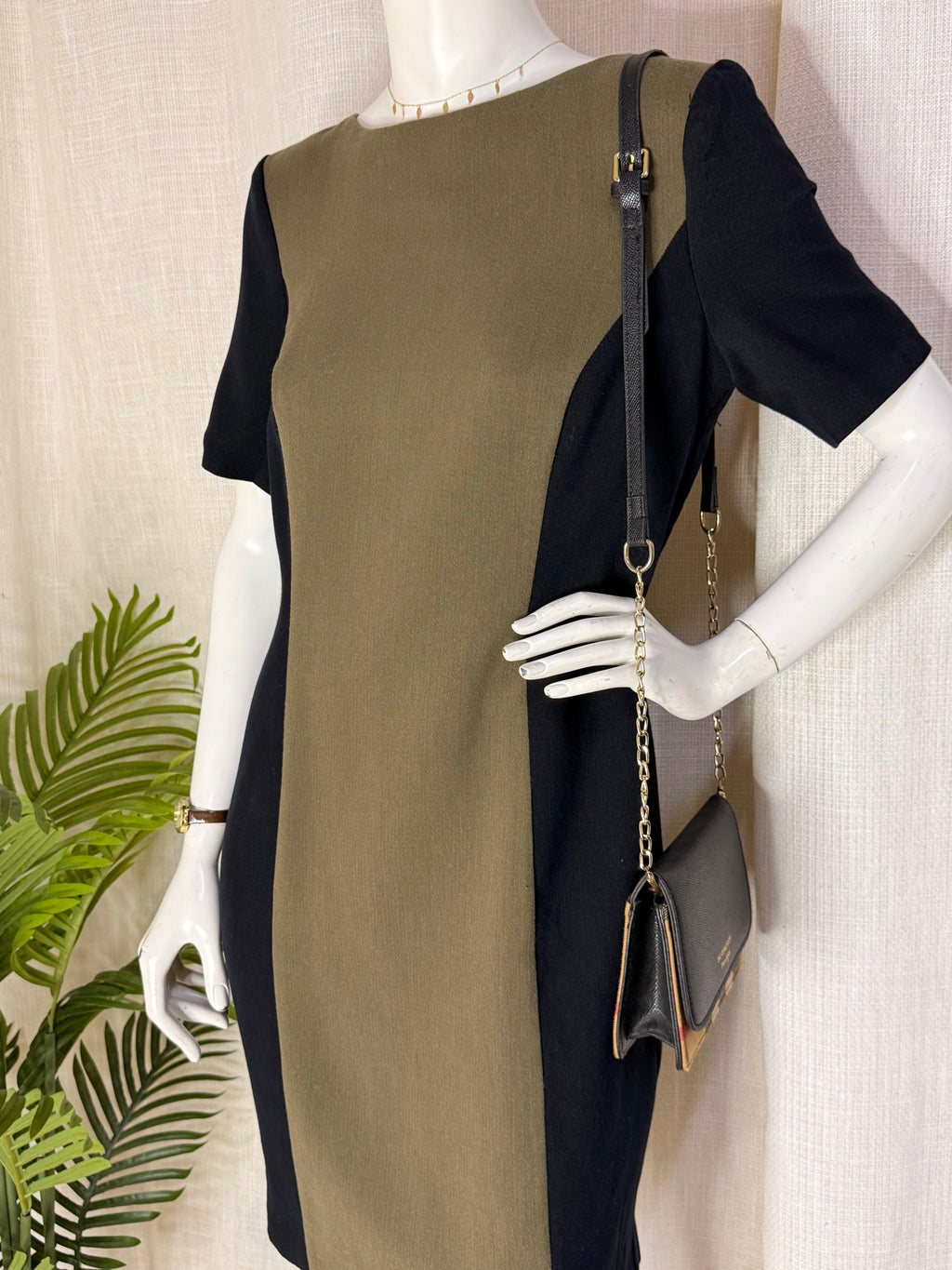 PAPAYA Color-Block Shift Dress - Khaki Green & Black (Size UK 14 / Large)