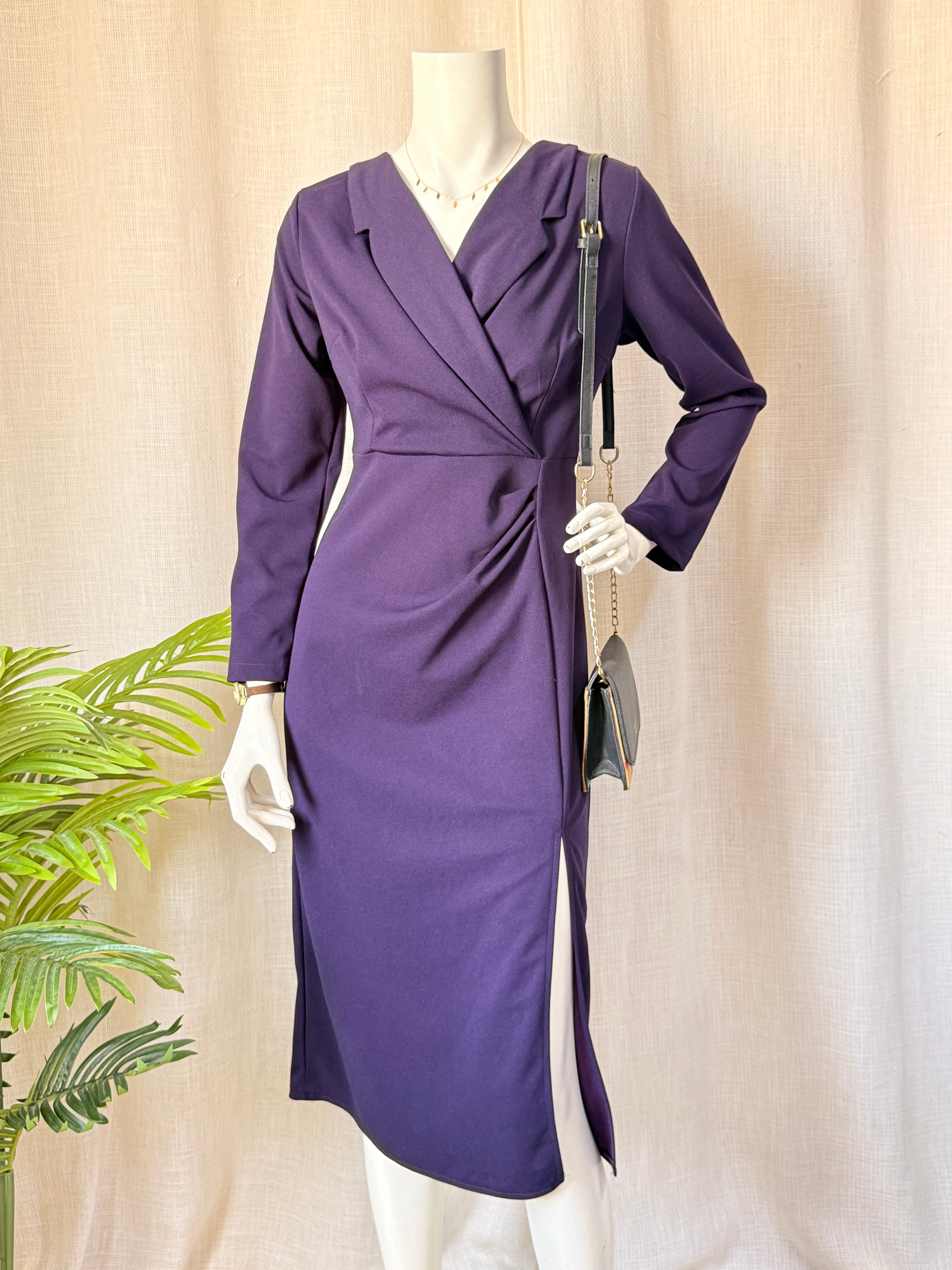 Sophisticated Deep Purple Blazer-Style Midi Dress