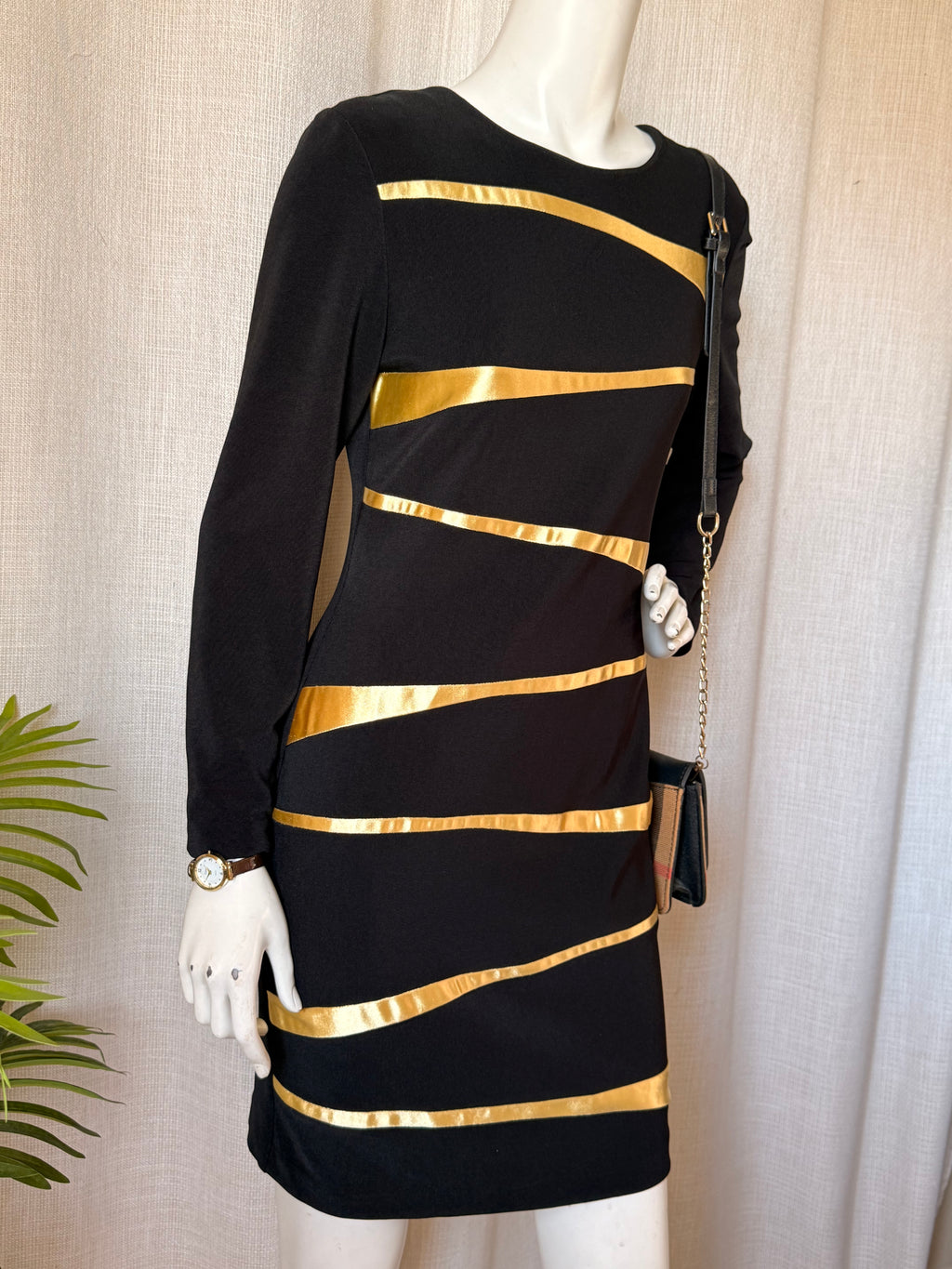 Vintage Joseph Ribkoff Black Long-Sleeve Dress with Metallic Gold Accents – Size 8 Medium