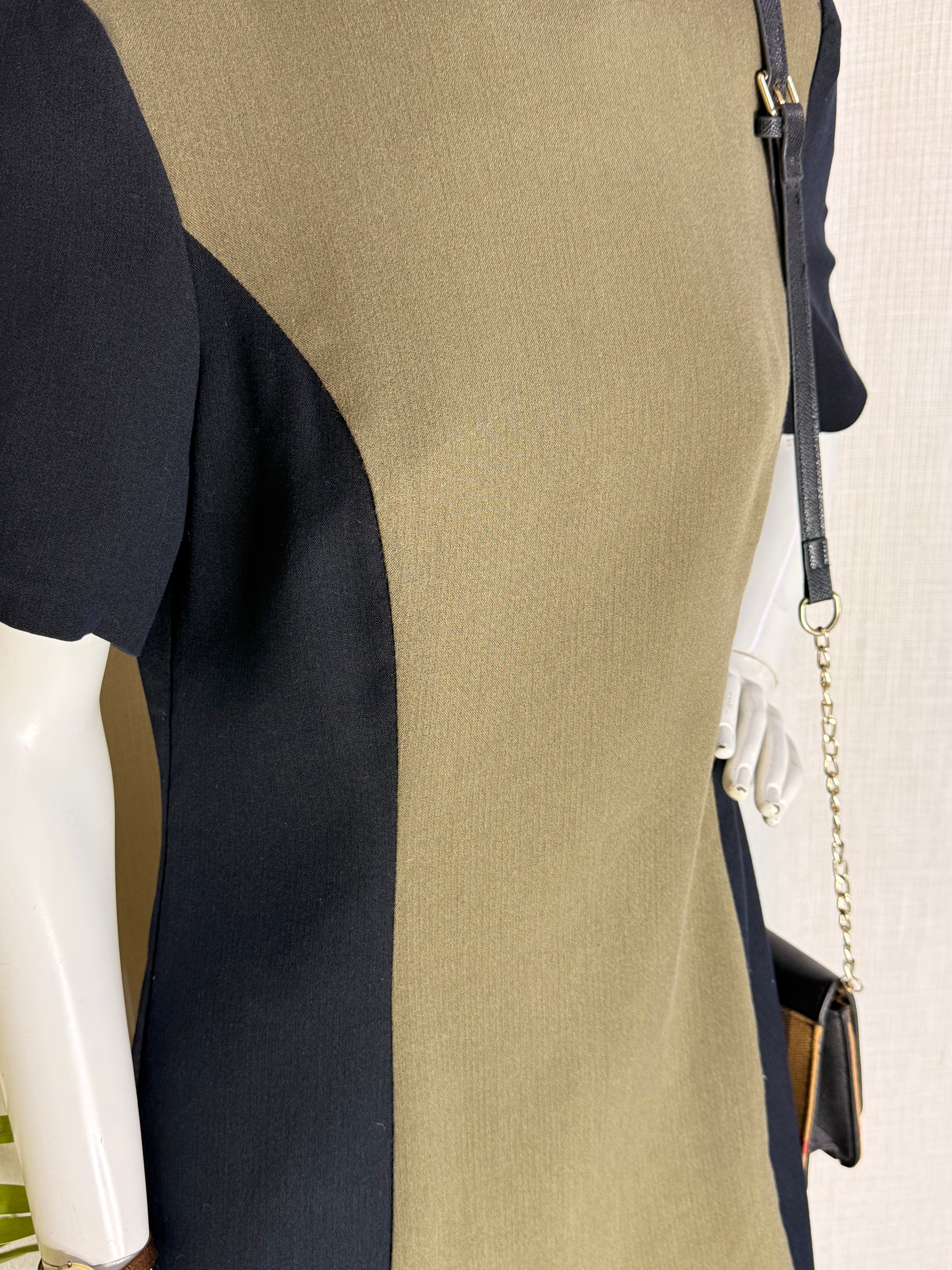 PAPAYA Color-Block Shift Dress - Khaki Green & Black (Size UK 14 / Large)