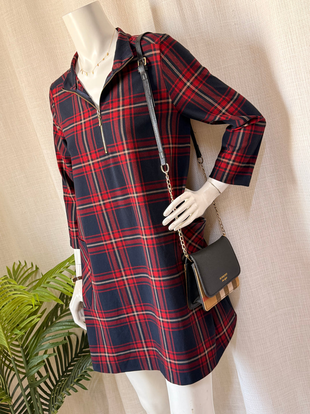Authentic Zara Basic Navy & Red Plaid Zip Dress – Size S | Smart Casual Women’s Dress UAE