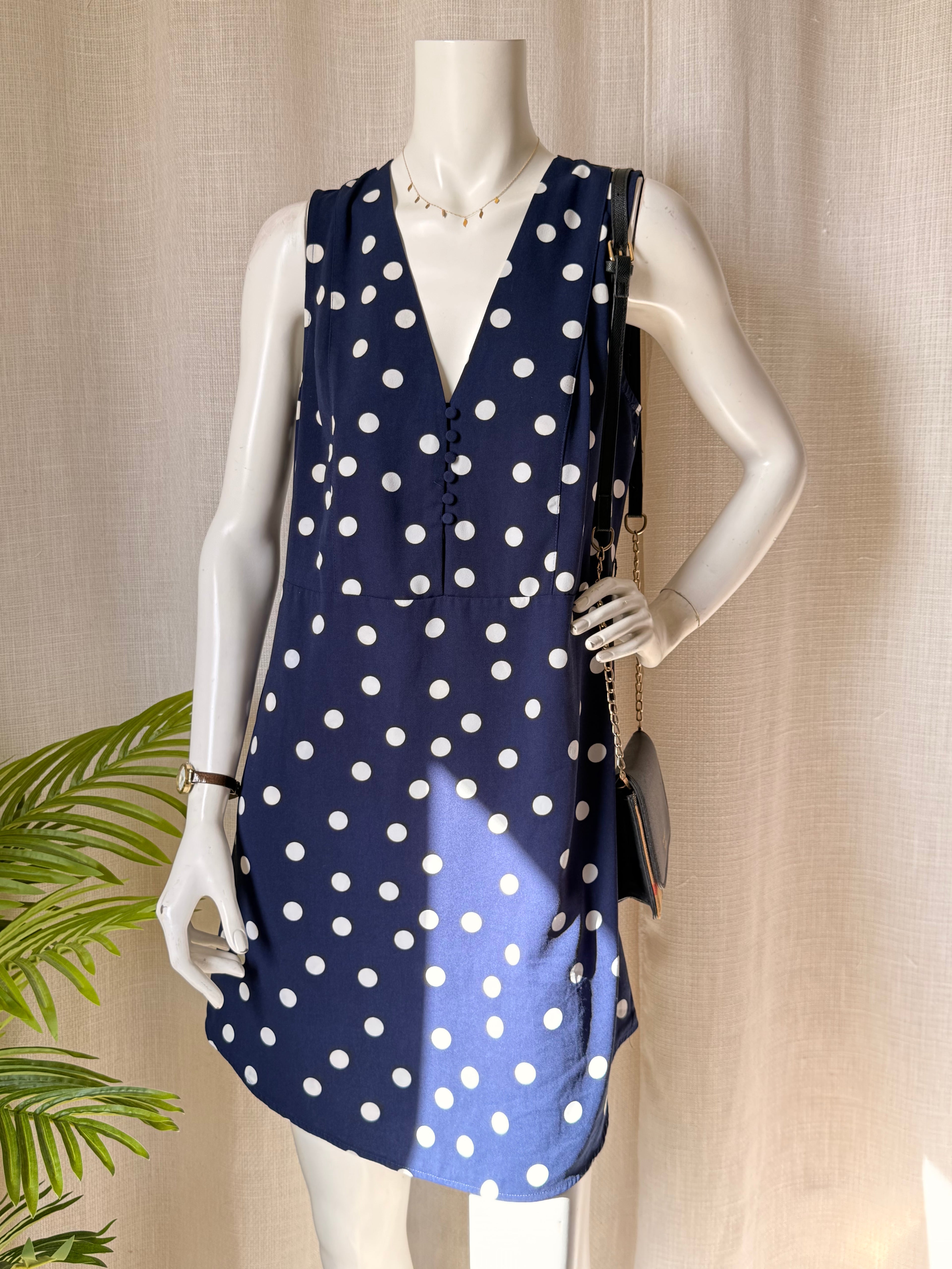 A New Day Navy Polka Dot Dress - V-Neck with Button Detail - Size Medium