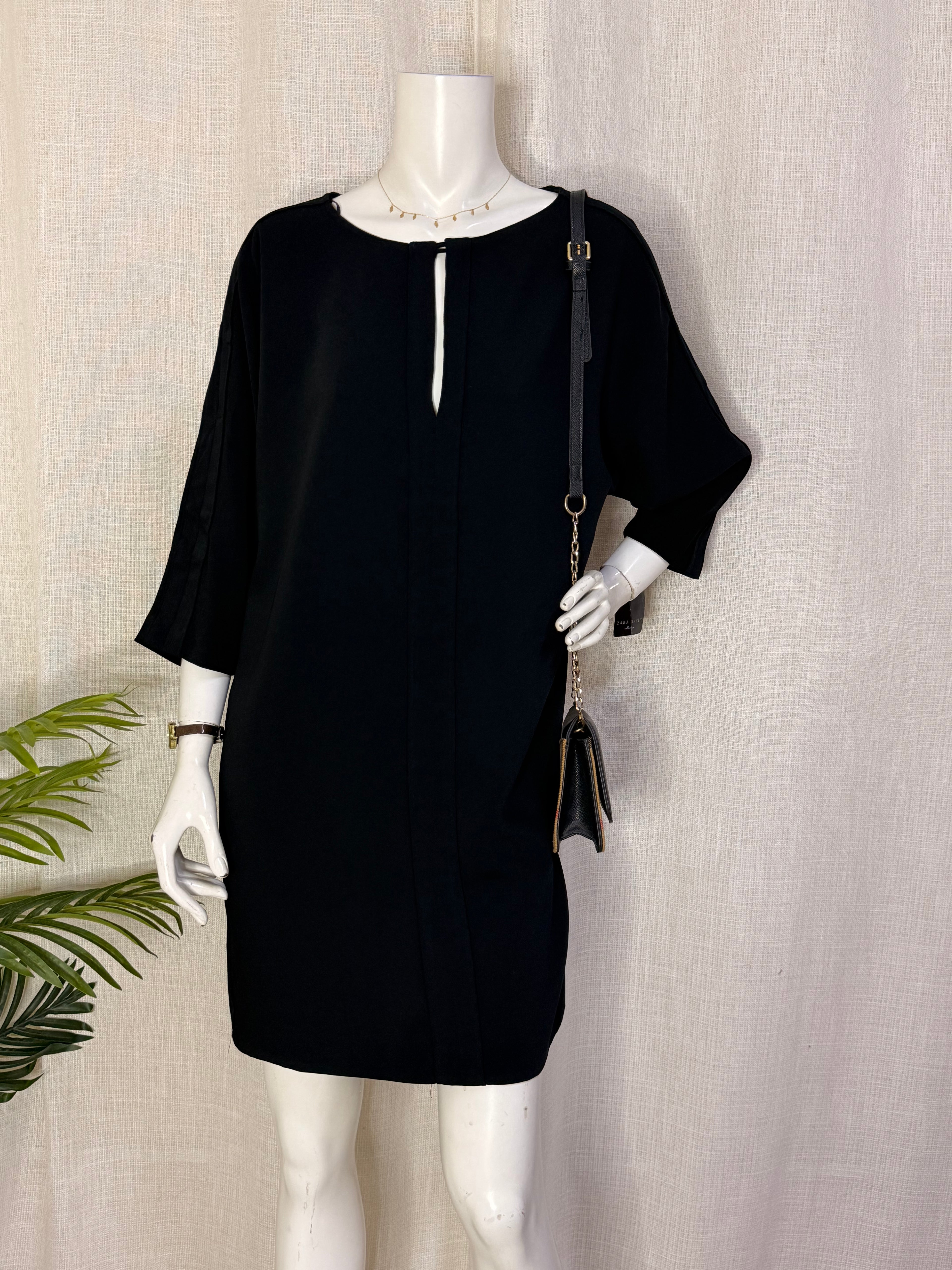 Zara Basic Jet Black Keyhole Shift Mini Dress – Size XL / UK 16 | NWT