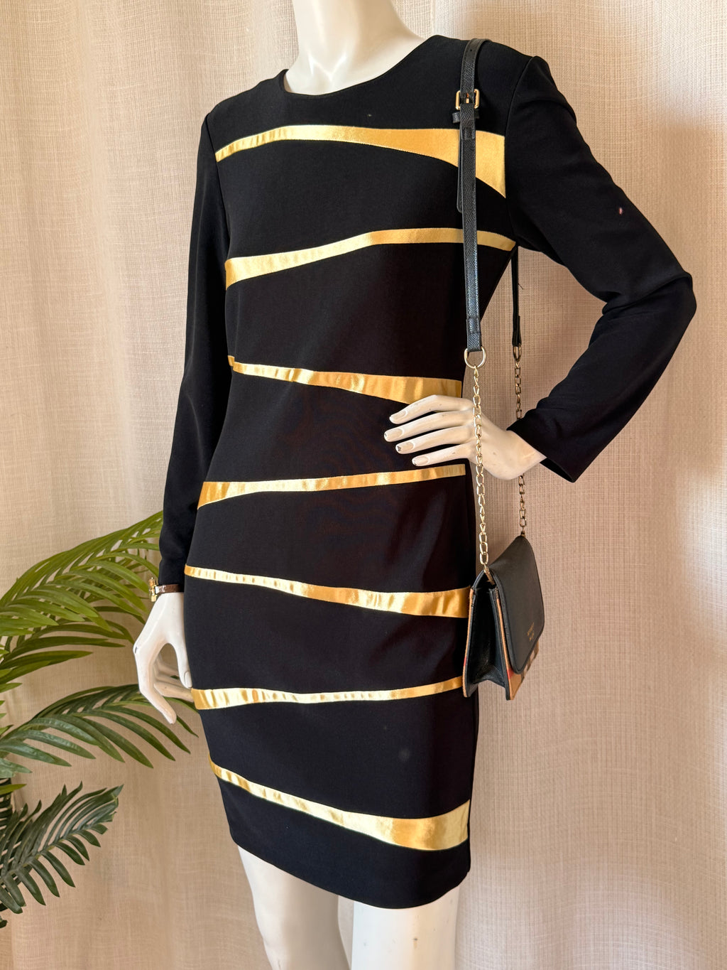 Vintage Joseph Ribkoff Black Long-Sleeve Dress with Metallic Gold Accents – Size 8 Medium