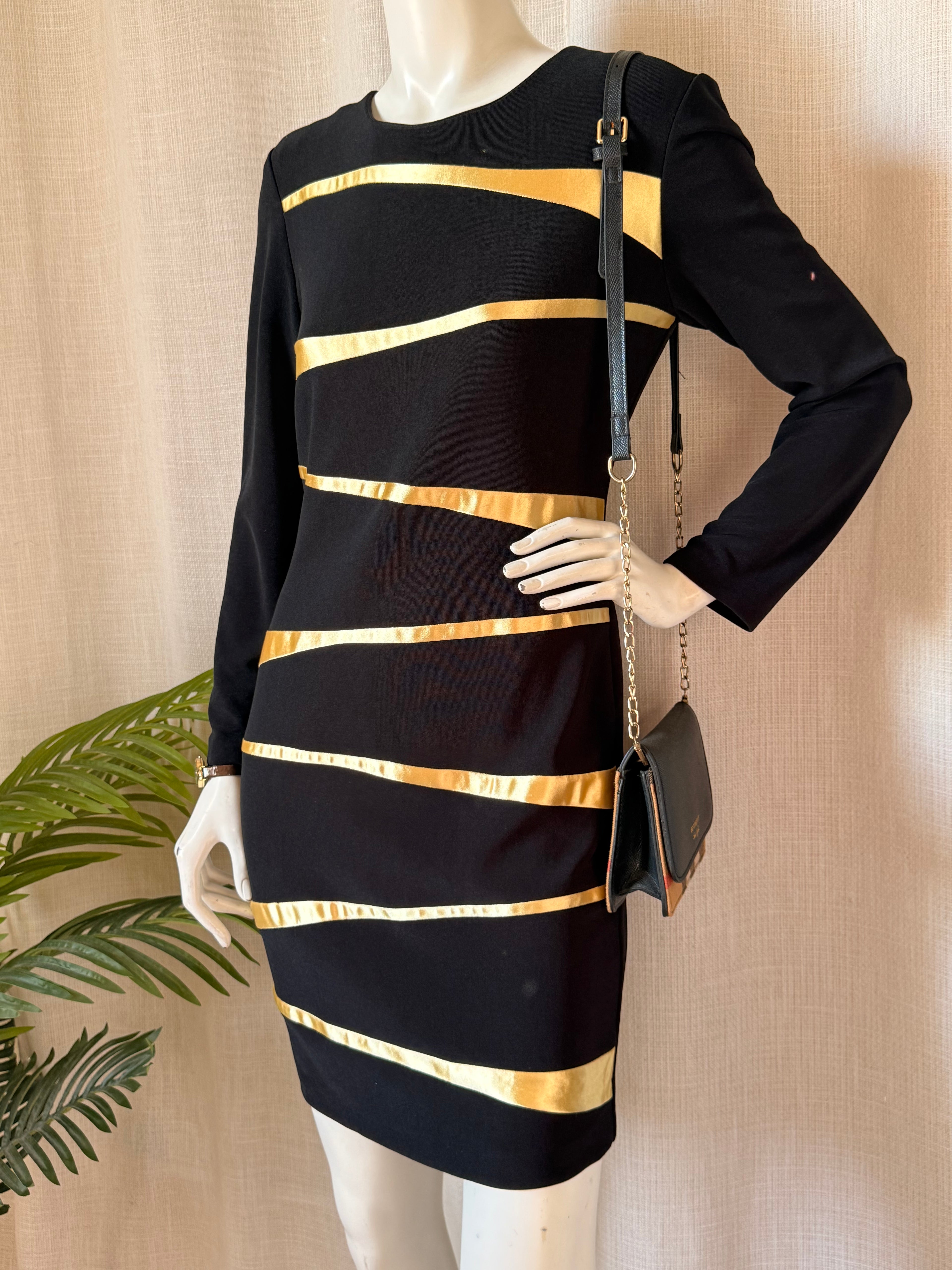 Vintage Joseph Ribkoff Black Long-Sleeve Dress with Metallic Gold Accents – Size 8 Medium