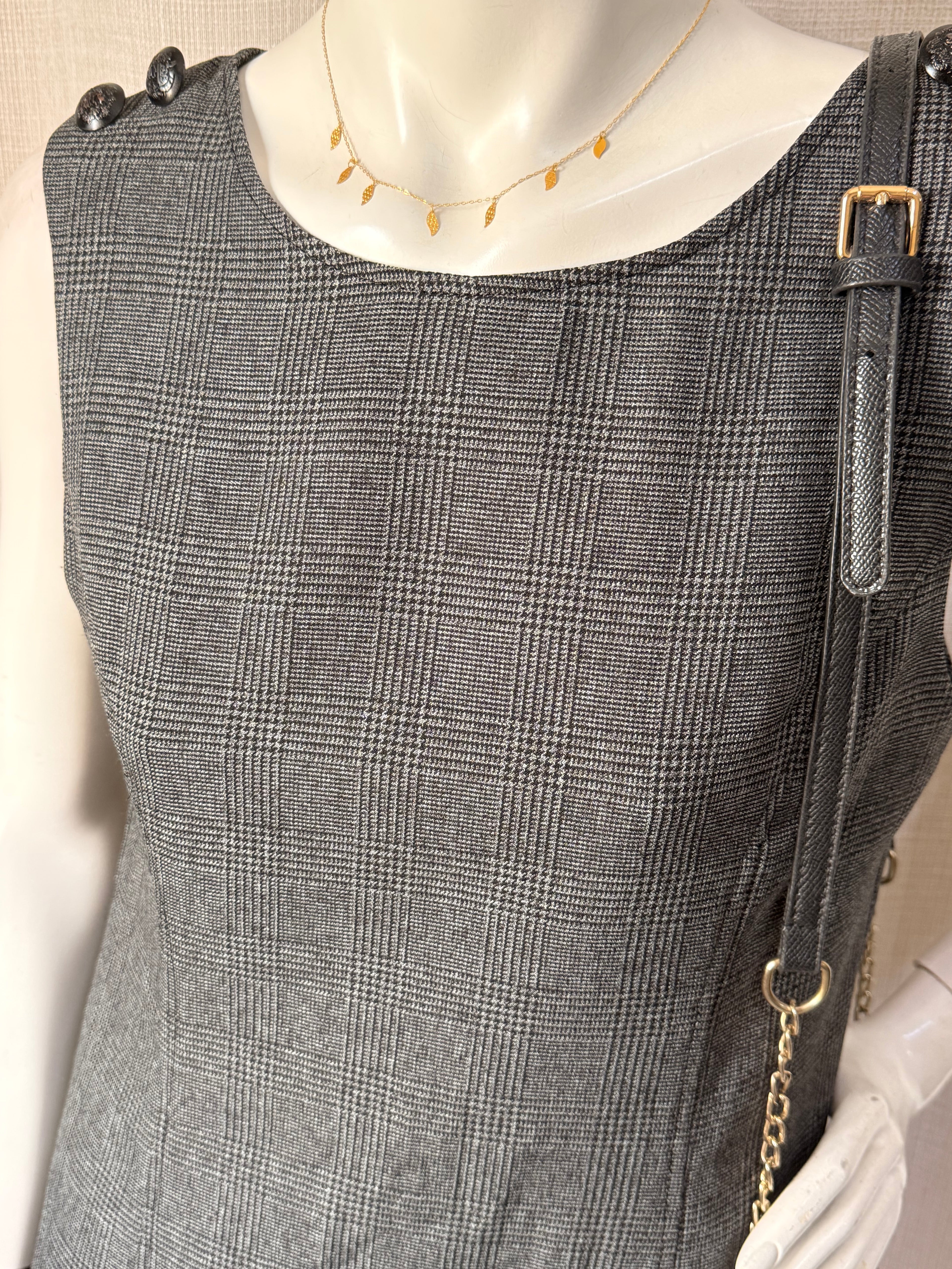 E-vie Grey Glen Plaid Shift Mini Dress with Button Shoulder Detail – UK 10 | Small