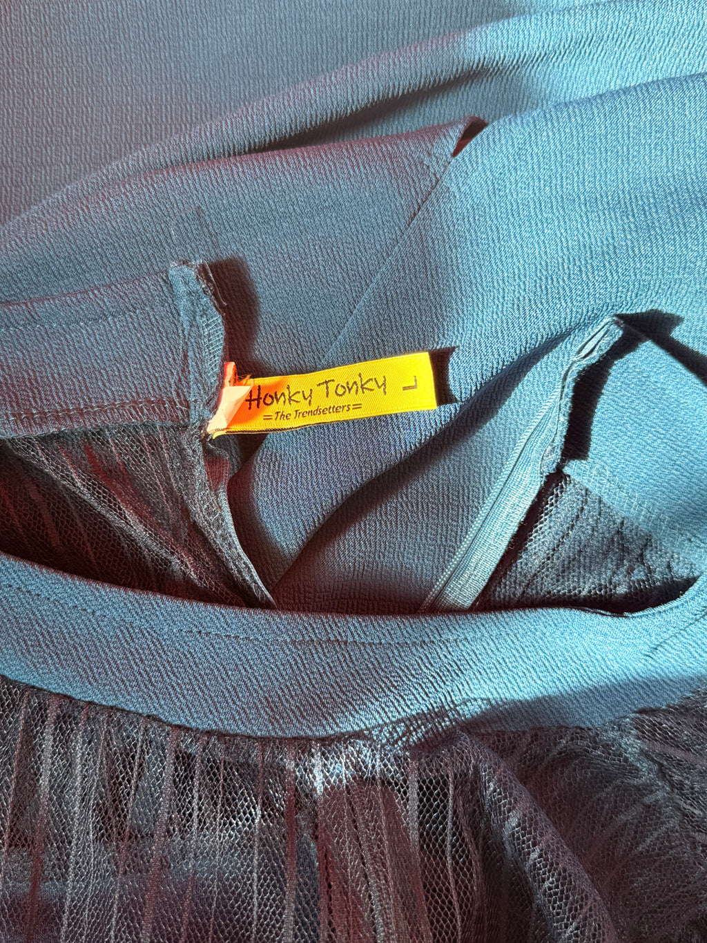 Vintage Teal Crepe Midi Dress with Sheer Mesh Balloon Sleeves — Size L