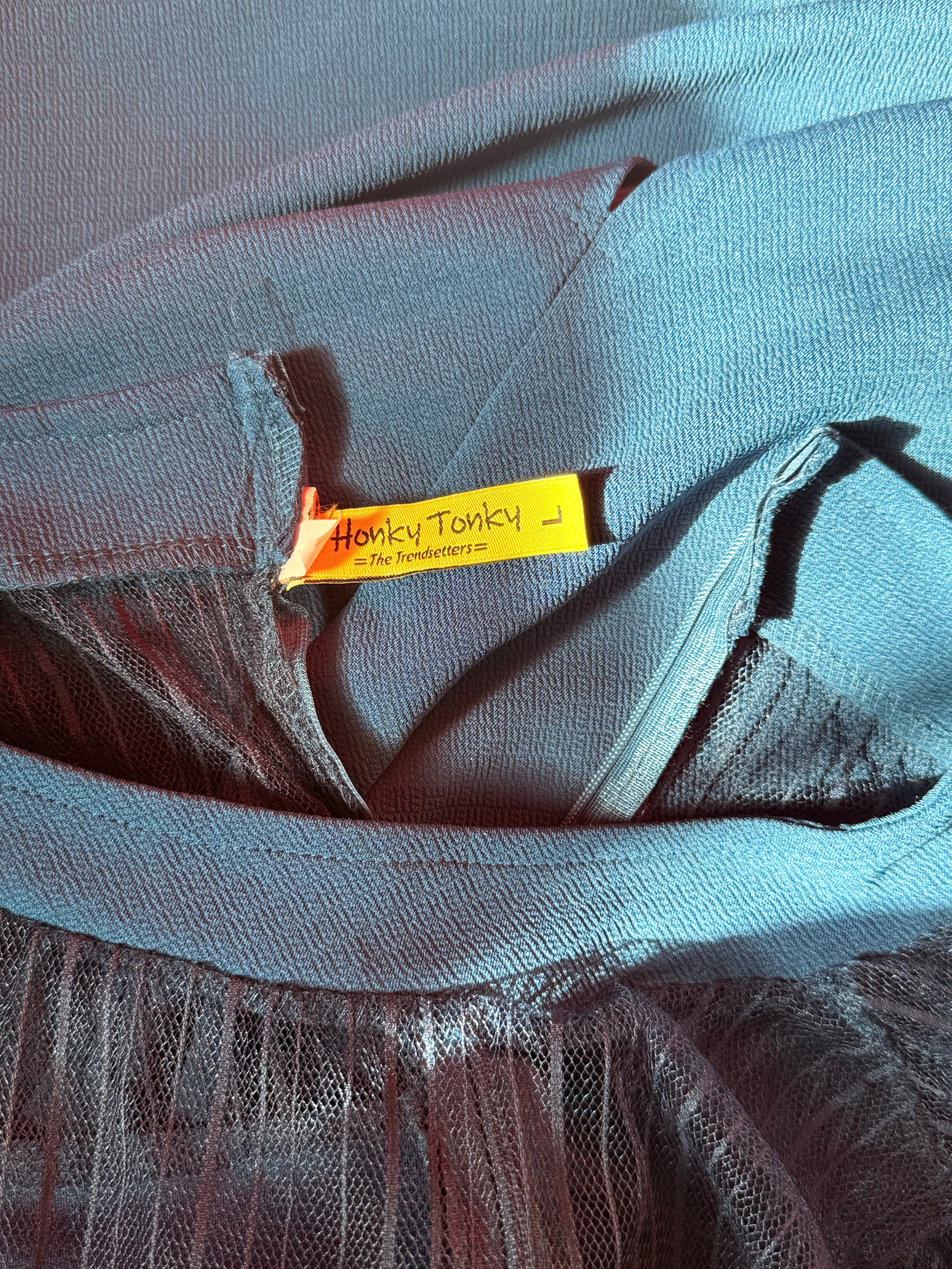 Vintage Teal Crepe Midi Dress with Sheer Mesh Balloon Sleeves — Size L