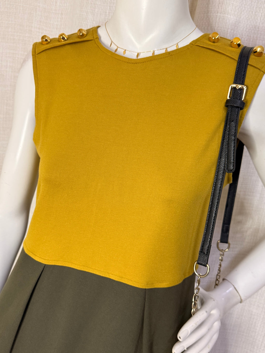 Di-Bye Mustard & Khaki Colorblock Button-Accented Shift Dress – Size M / UK 12 | NWT