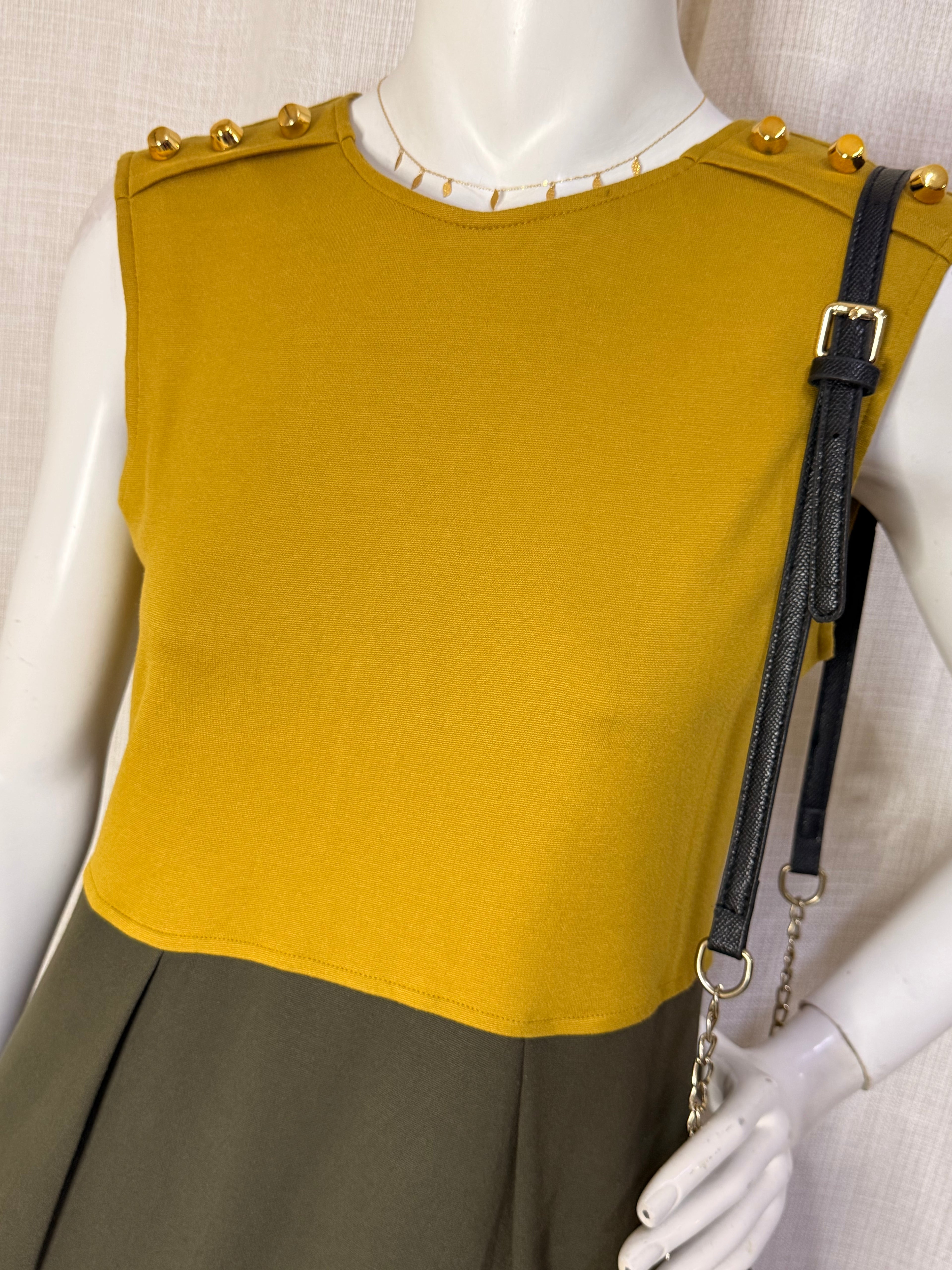 Di-Bye Mustard & Khaki Colorblock Button-Accented Shift Dress – Size M / UK 12 | NWT