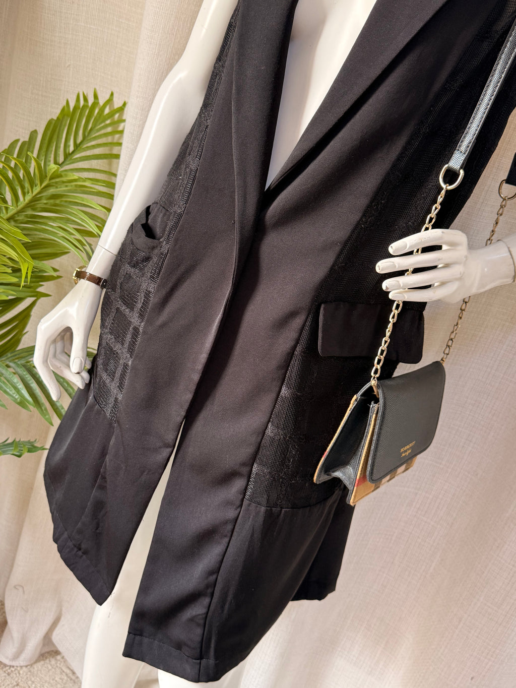 Rocco Collection Black Sleeveless Longline Vest – Size S | Sheer Panel Open Blazer | Elegant Layering Piece