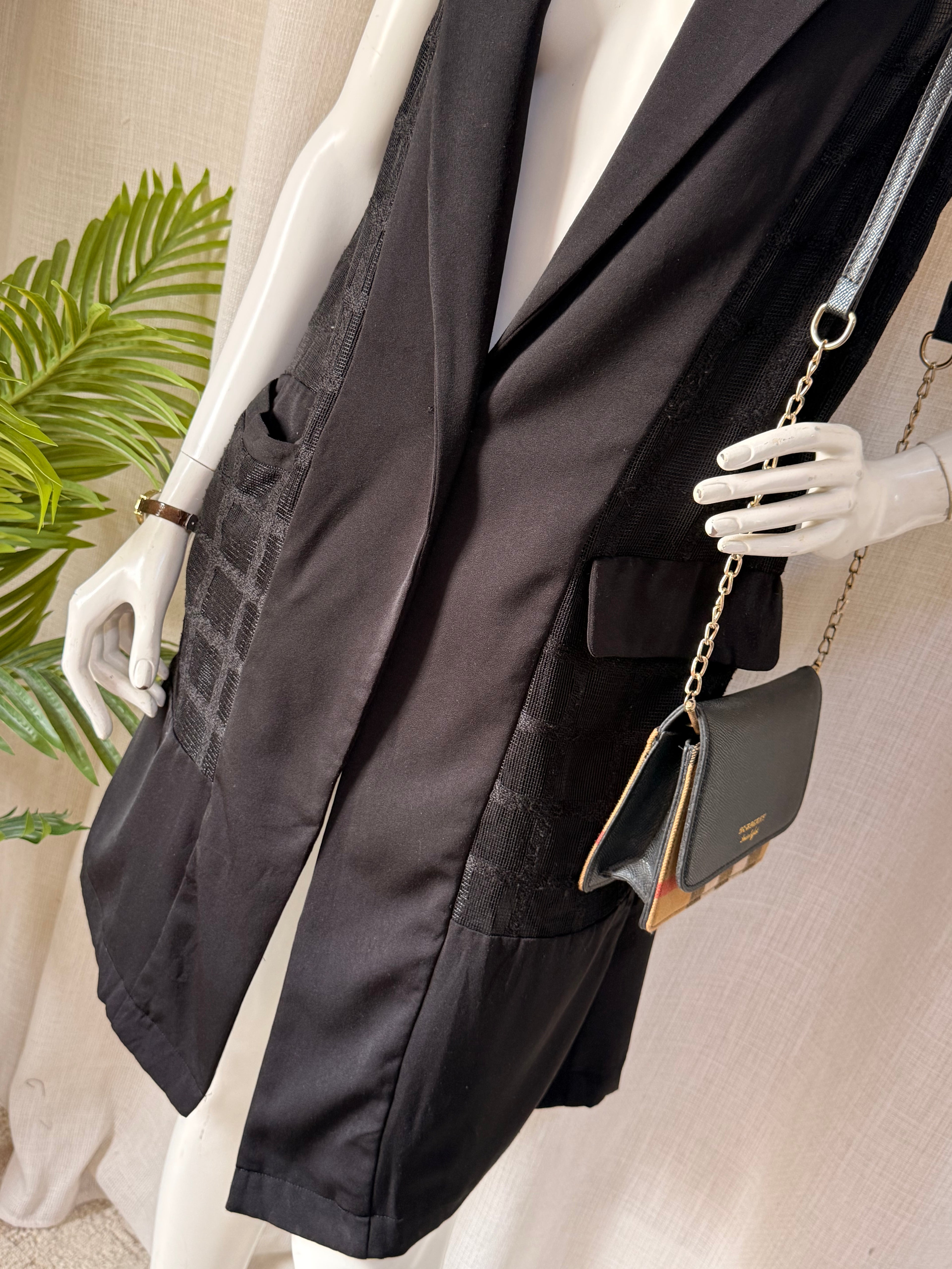 Rocco Collection Black Sleeveless Longline Vest – Size S | Sheer Panel Open Blazer | Elegant Layering Piece