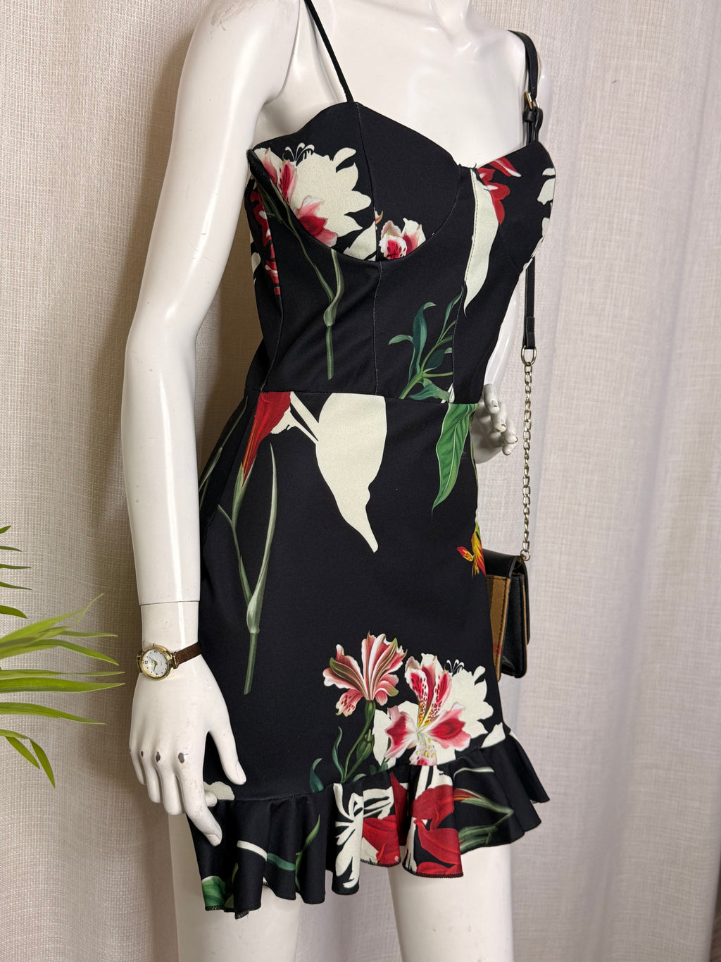 Style D'Amour Tropical Floral Sweetheart Ruffle Mini Dress - Size UK 12 - Medium