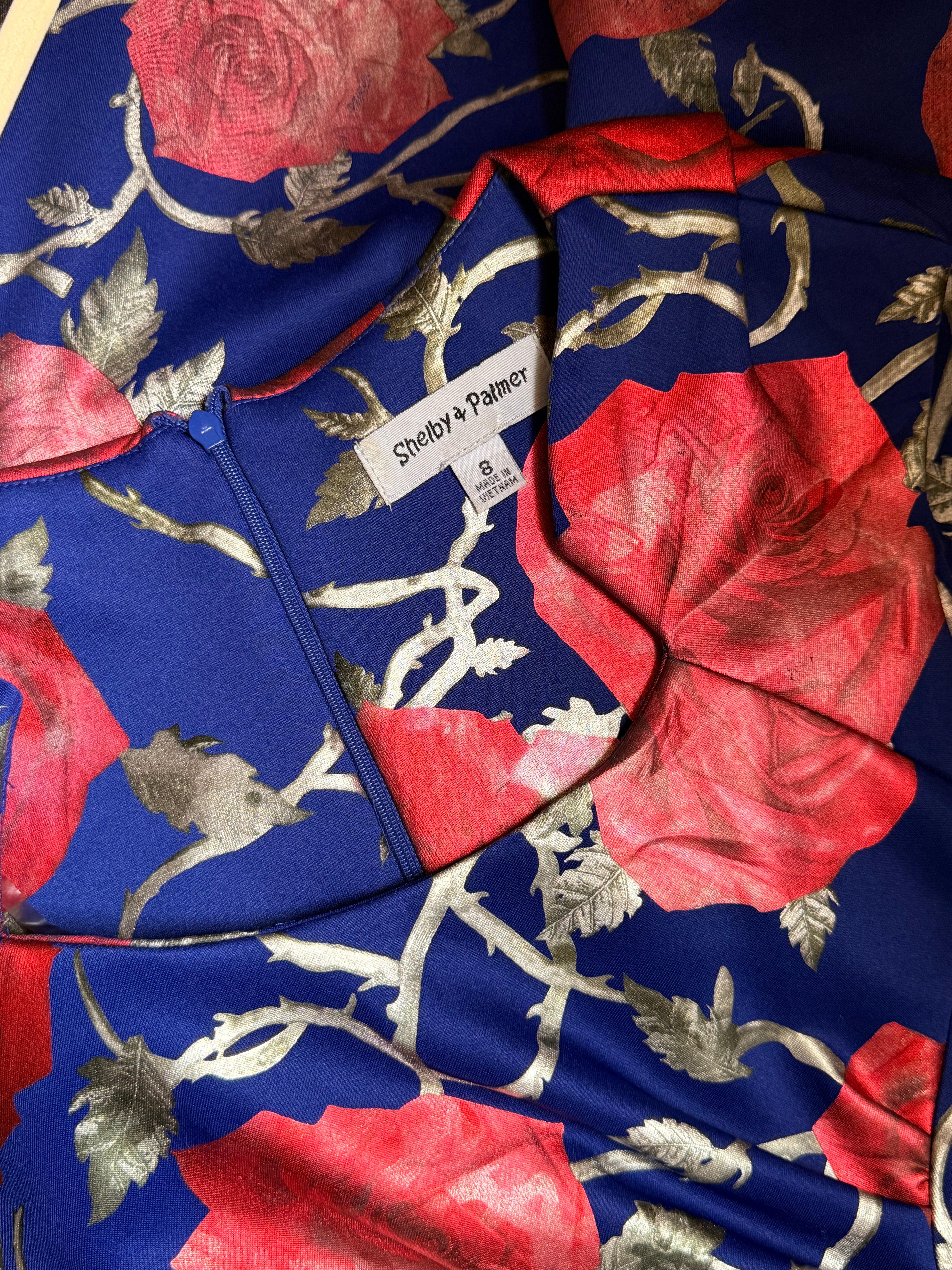 Shelby & Palmer Royal Blue Floral Ruched Sheath Dress – Size 8