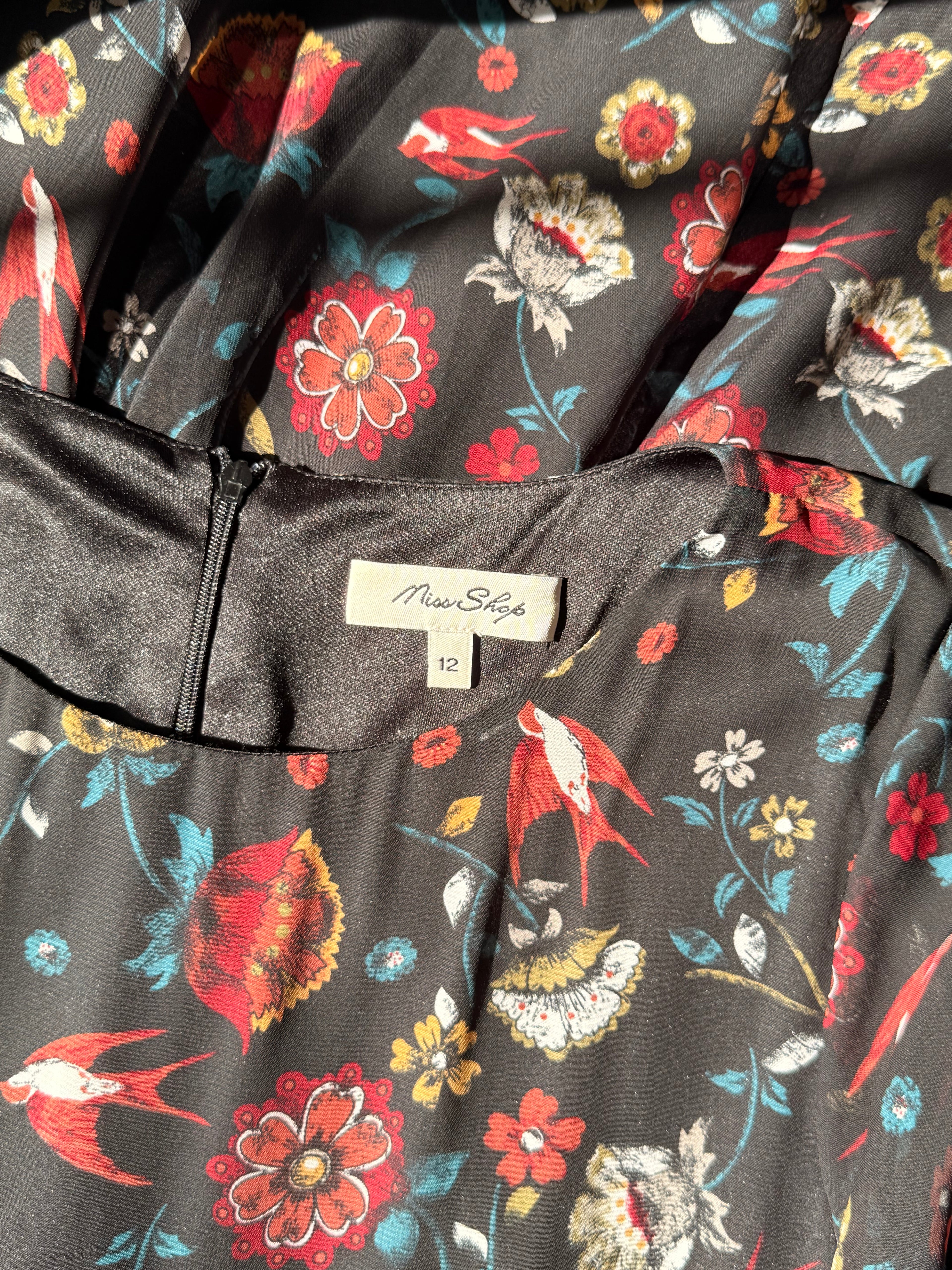 Miss Shop Floral & Bird Print Tea Dress - Swallow Motif Mini - Size 12 (M)