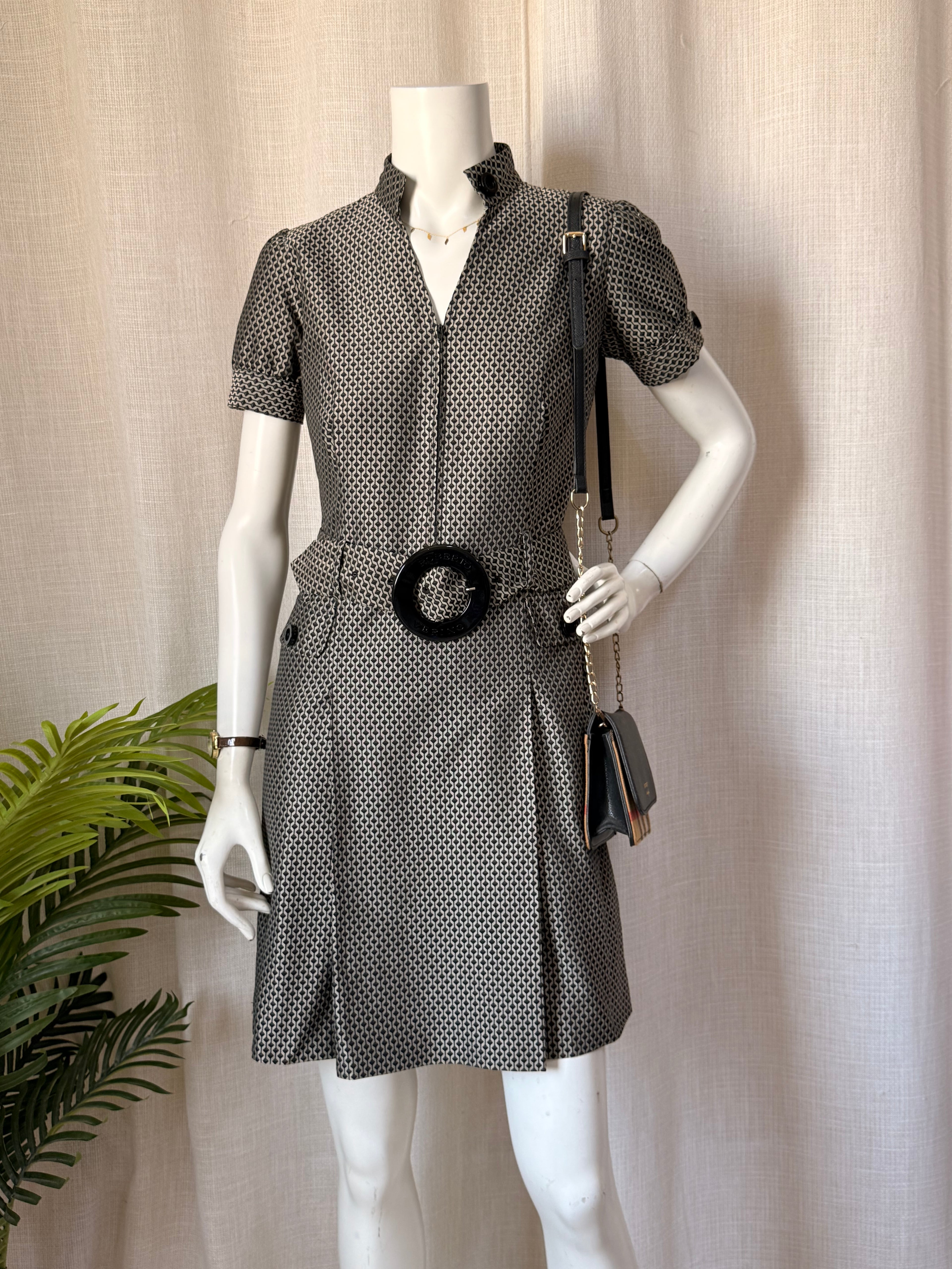 Authentic Roberto Verino Geometric Belted Dress – Size M (Bust 34”) | Luxury Designer Dress UAE