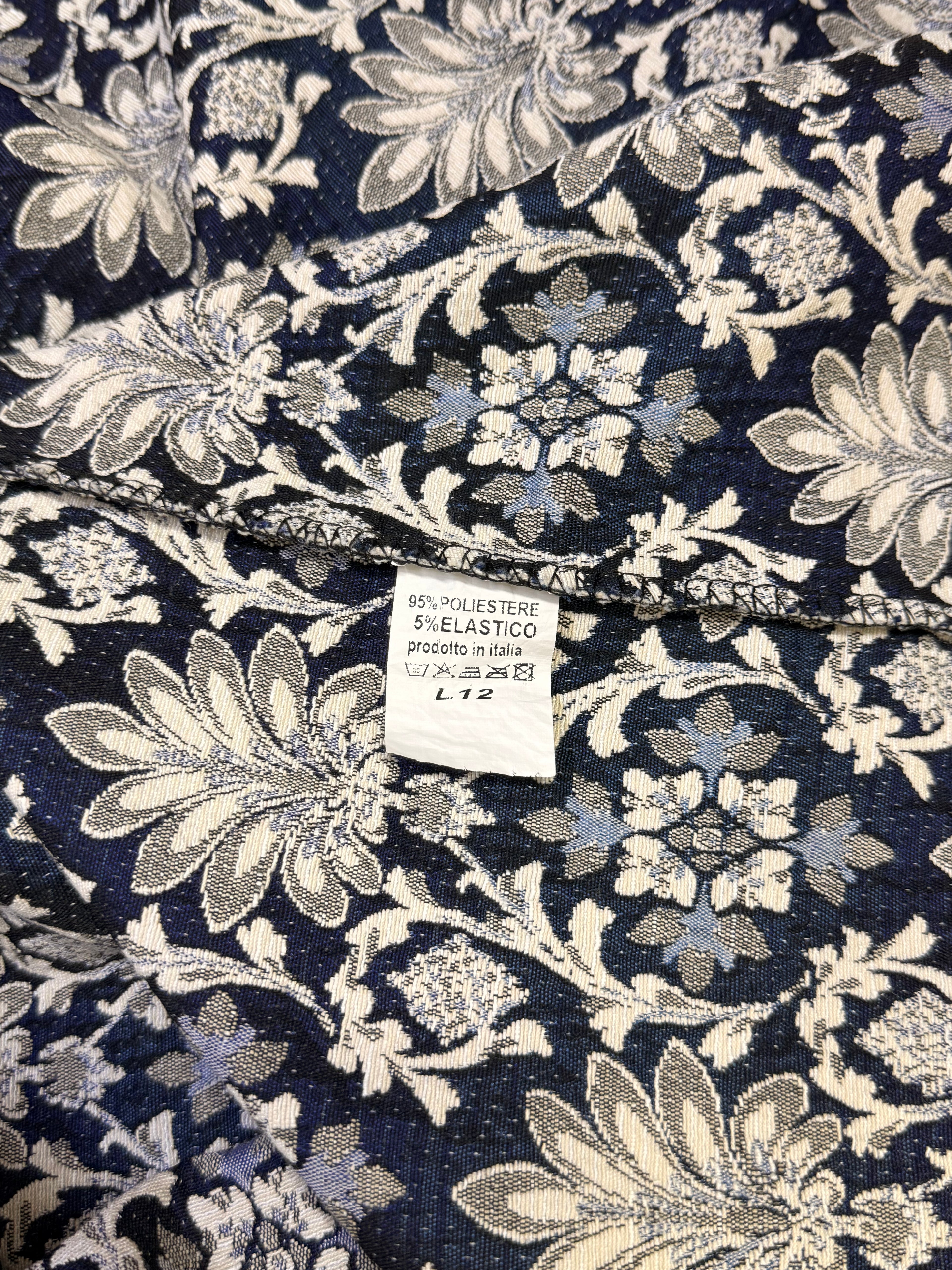 Italian Navy Blue & Cream Brocade Jacquard Mini Dress - Size L / 12 (Bust 34")