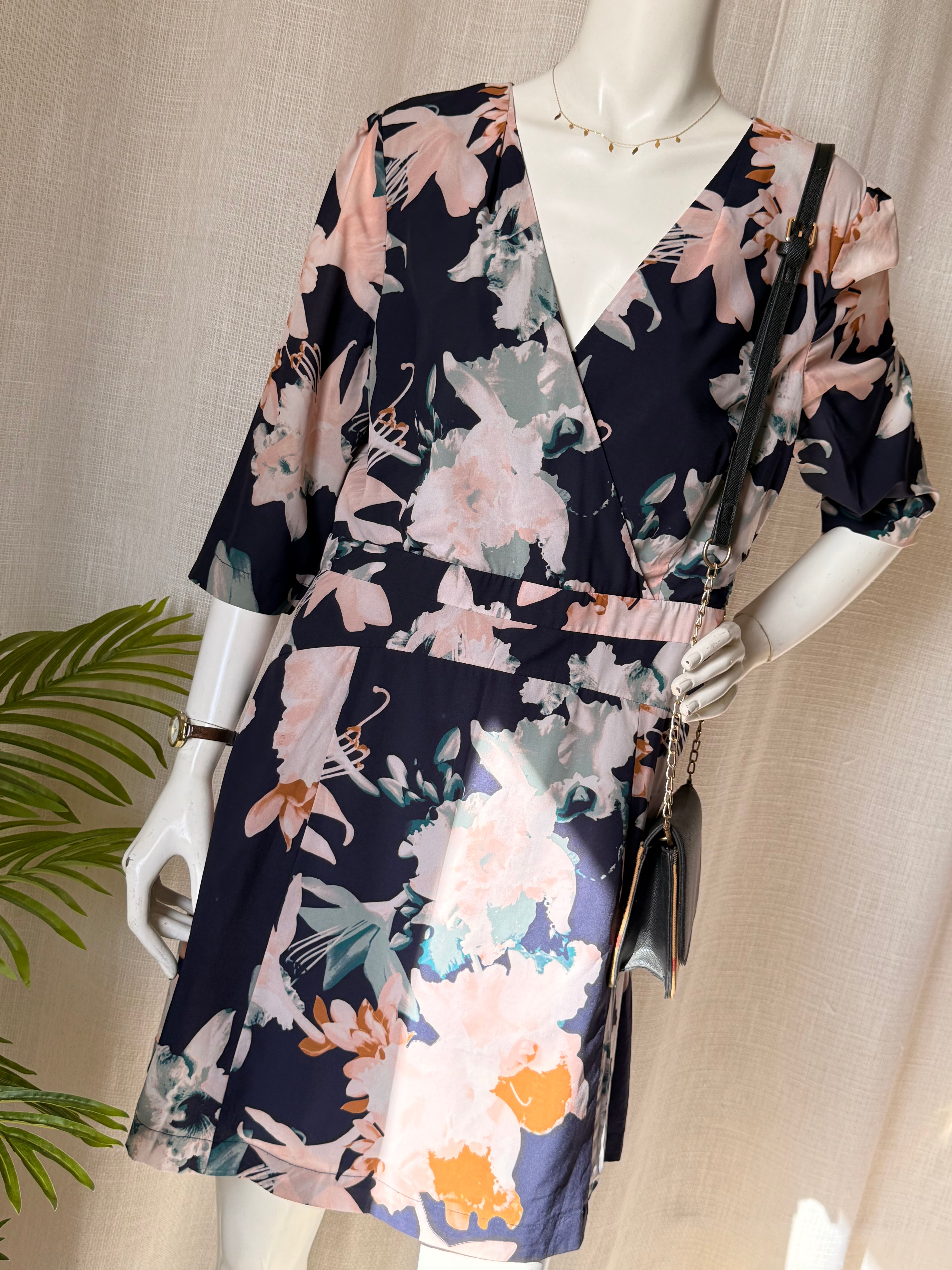 Portmans Floral Faux-Wrap Dress - Navy & Blush Satin Finish - Size 14 (L)