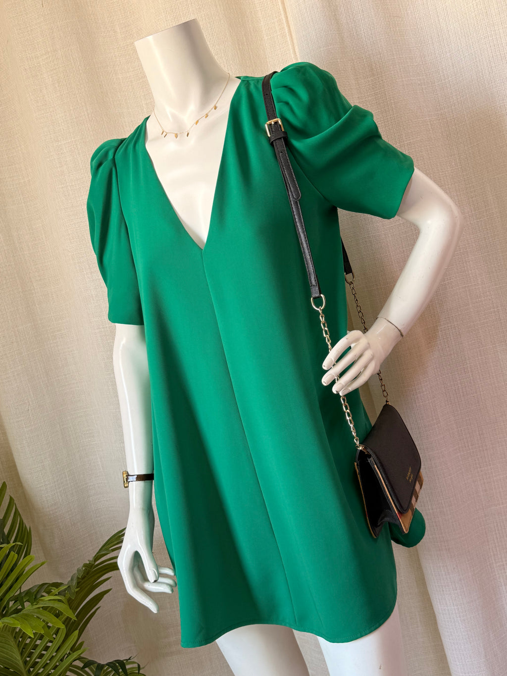 Zara Emerald Green V-Neck Puff Sleeve Shift Dress (Size M)