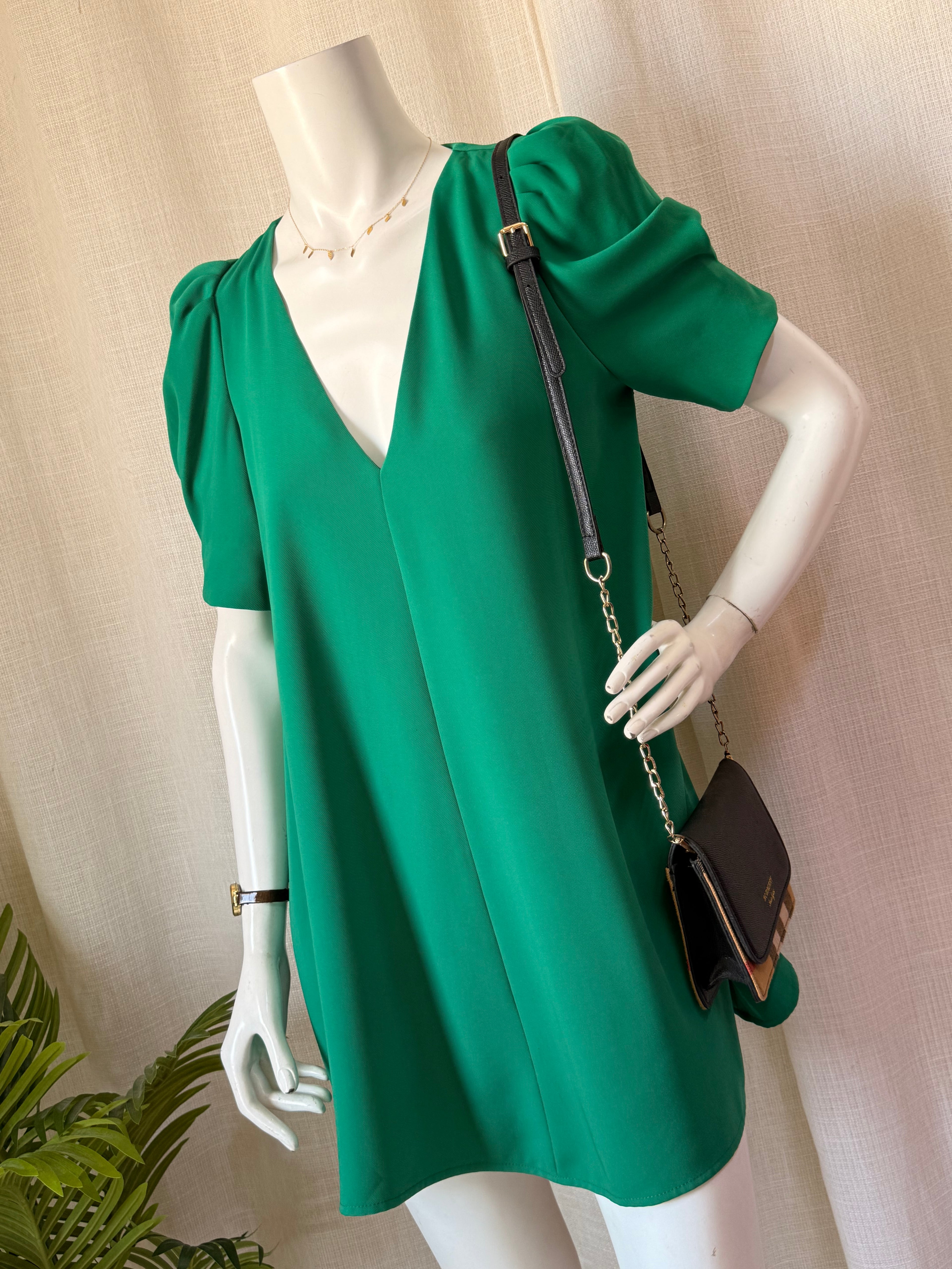 Zara Emerald Green V-Neck Puff Sleeve Shift Dress (Size M)