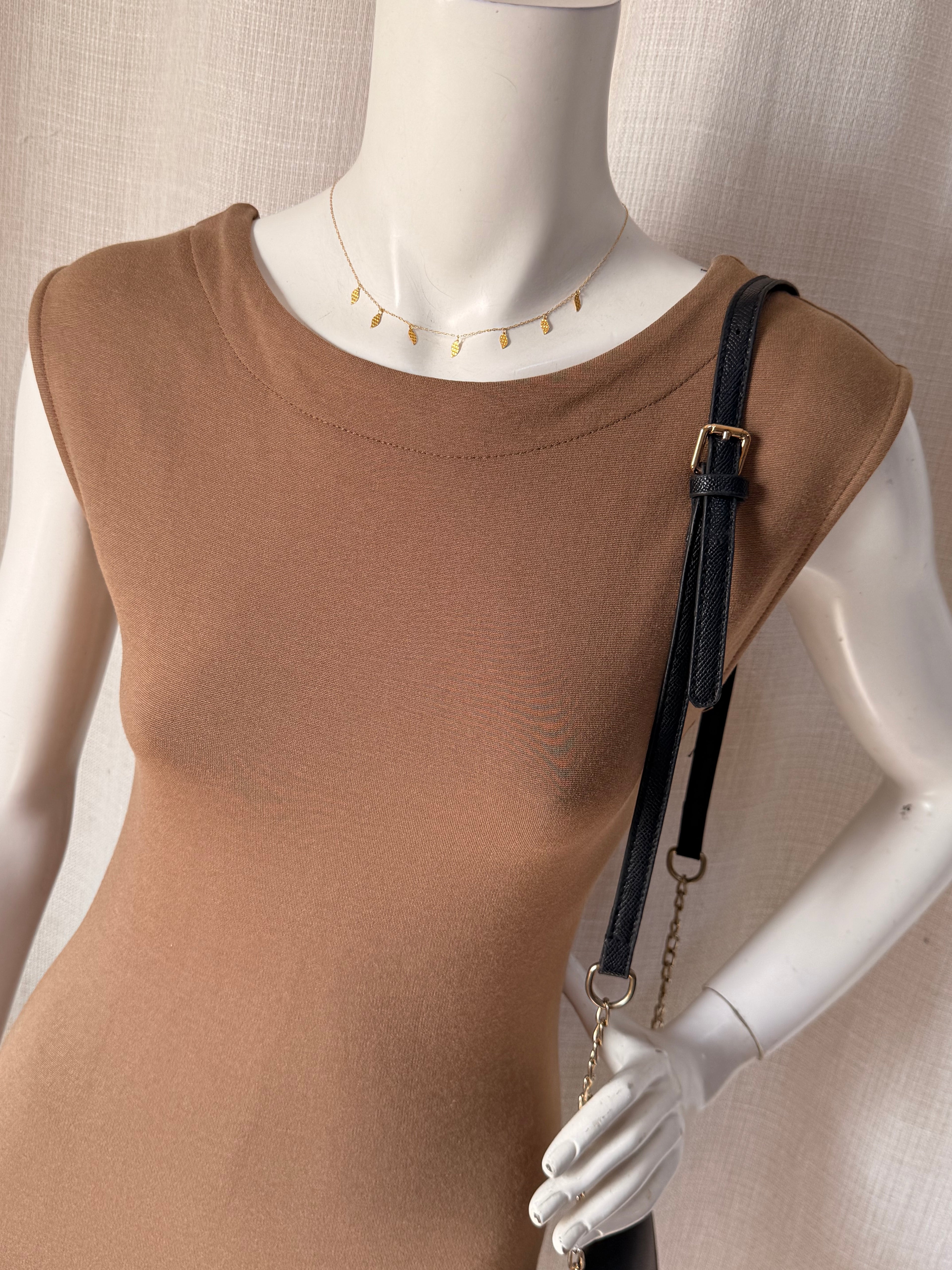 ZARA BASIC Camel Tan Sleeveless Boatneck Bodycon Mini Dress – Size XS | Chic Everyday & Casual Dress