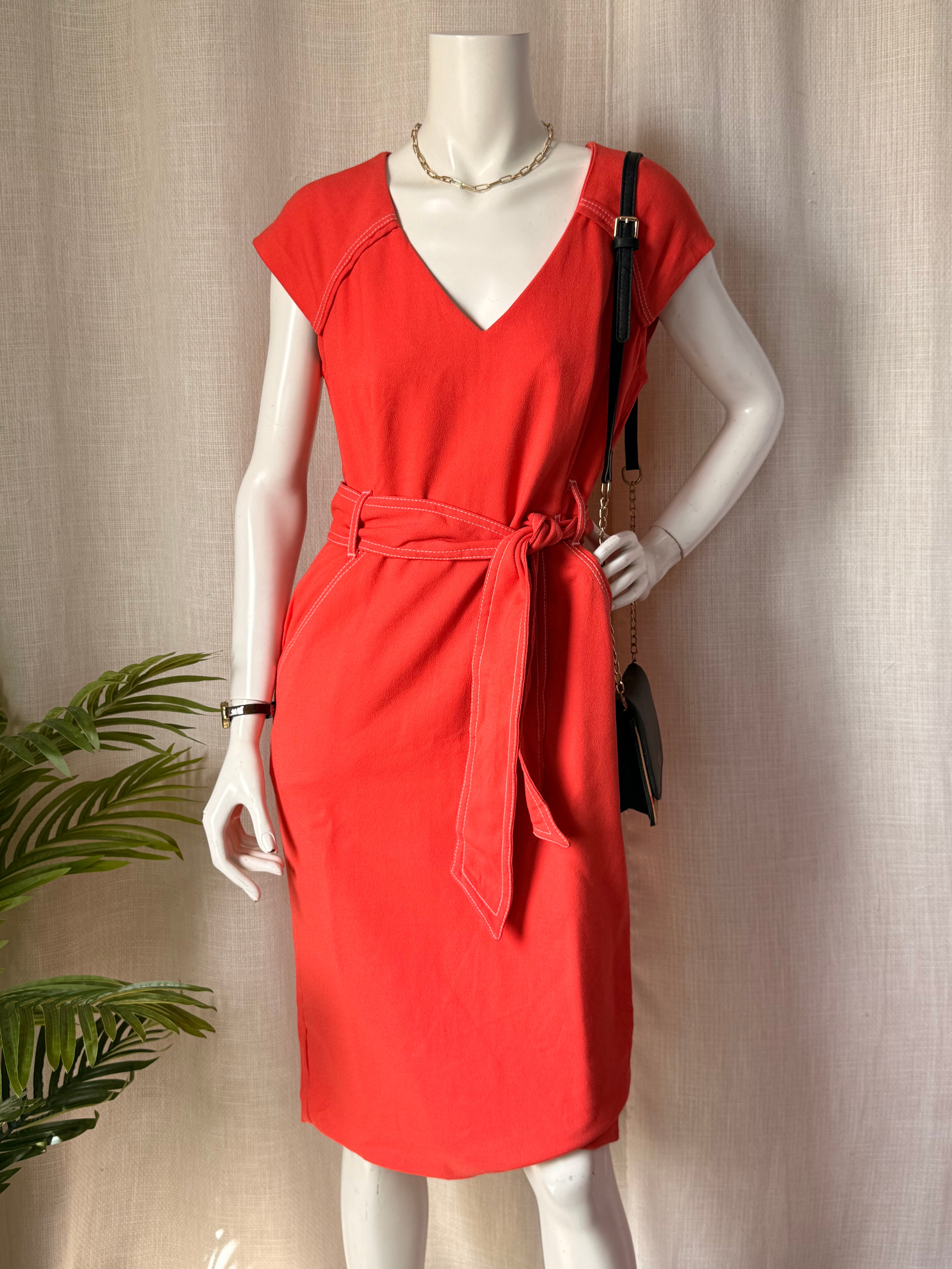 Chic Preloved NEXT Coral Belted V-Neck Dress - UK 12 | UAE Fashion