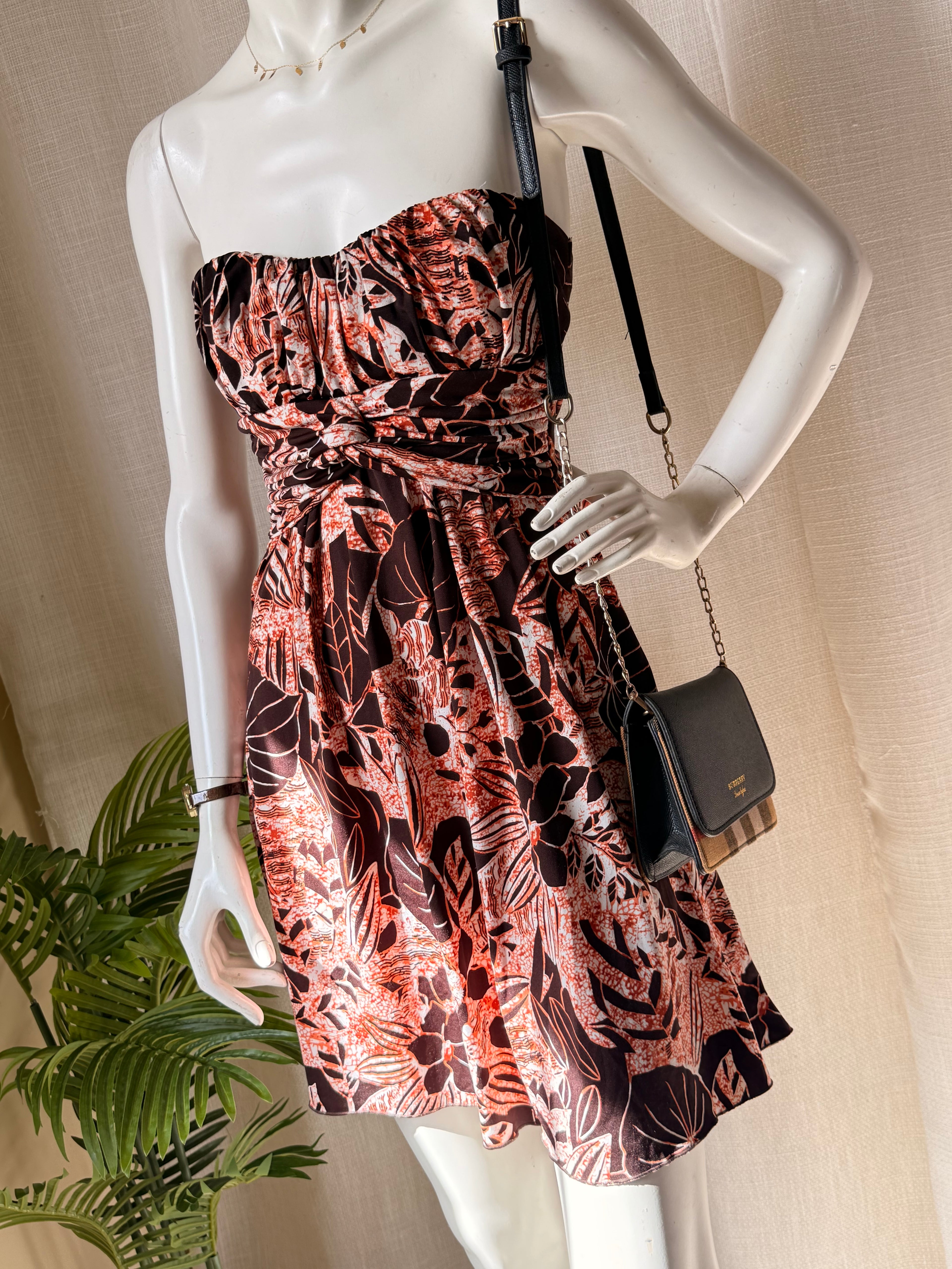 Eclipse Boho Floral Strapless Dress | Earthy Orange Ruched Bust | Size M/L