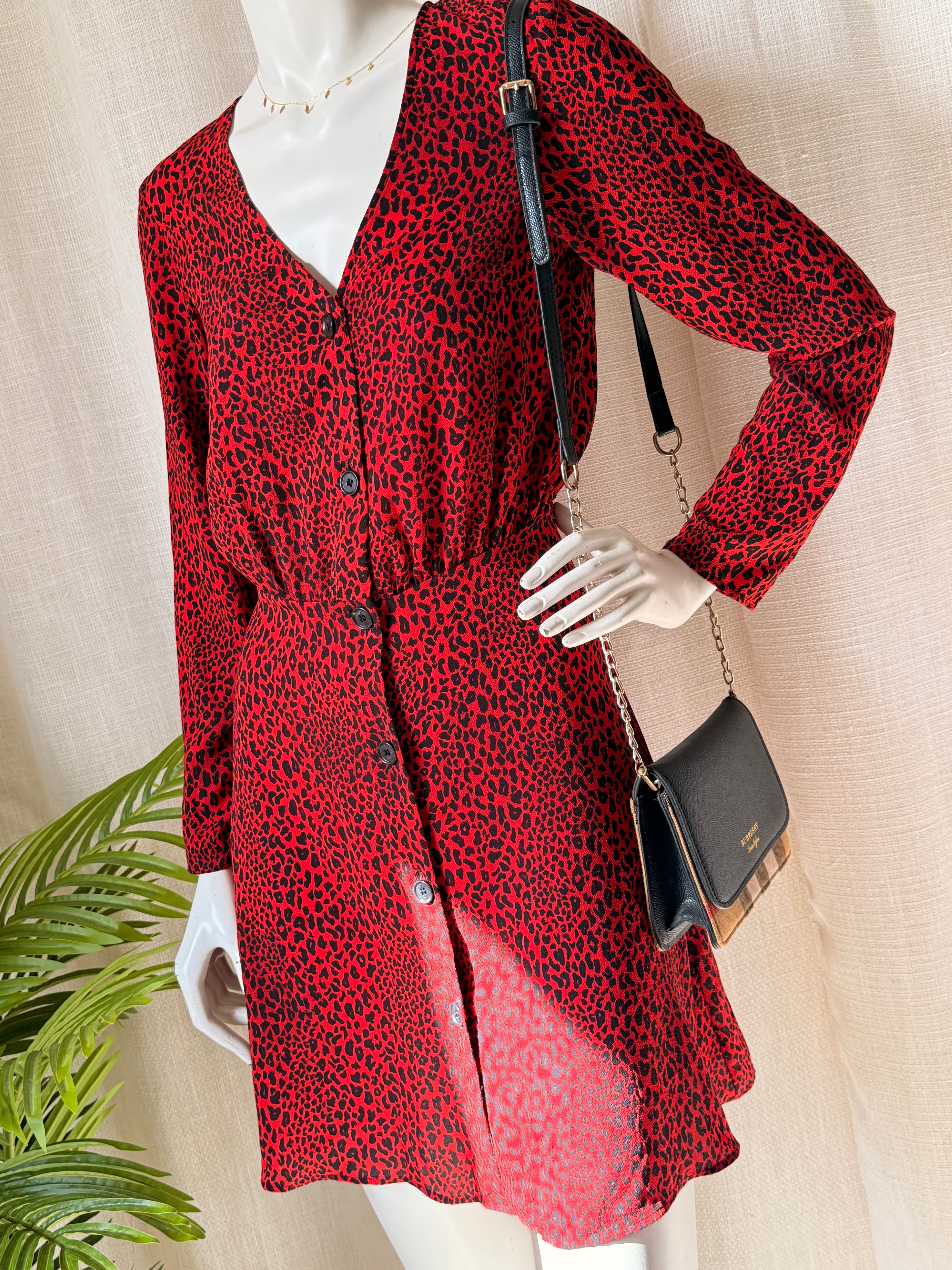 H&M Divided Red Cheetah Print Button Down Dress Size 4