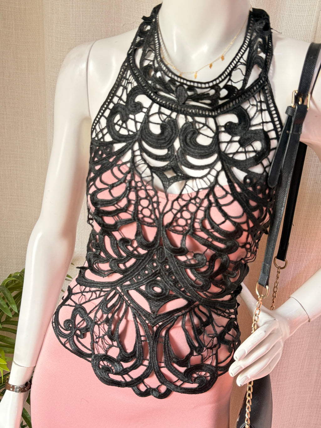 Pink Boutique Blush Pink & Black Crochet Lace Midi Dress | Elegant Cocktail & Evening Dress