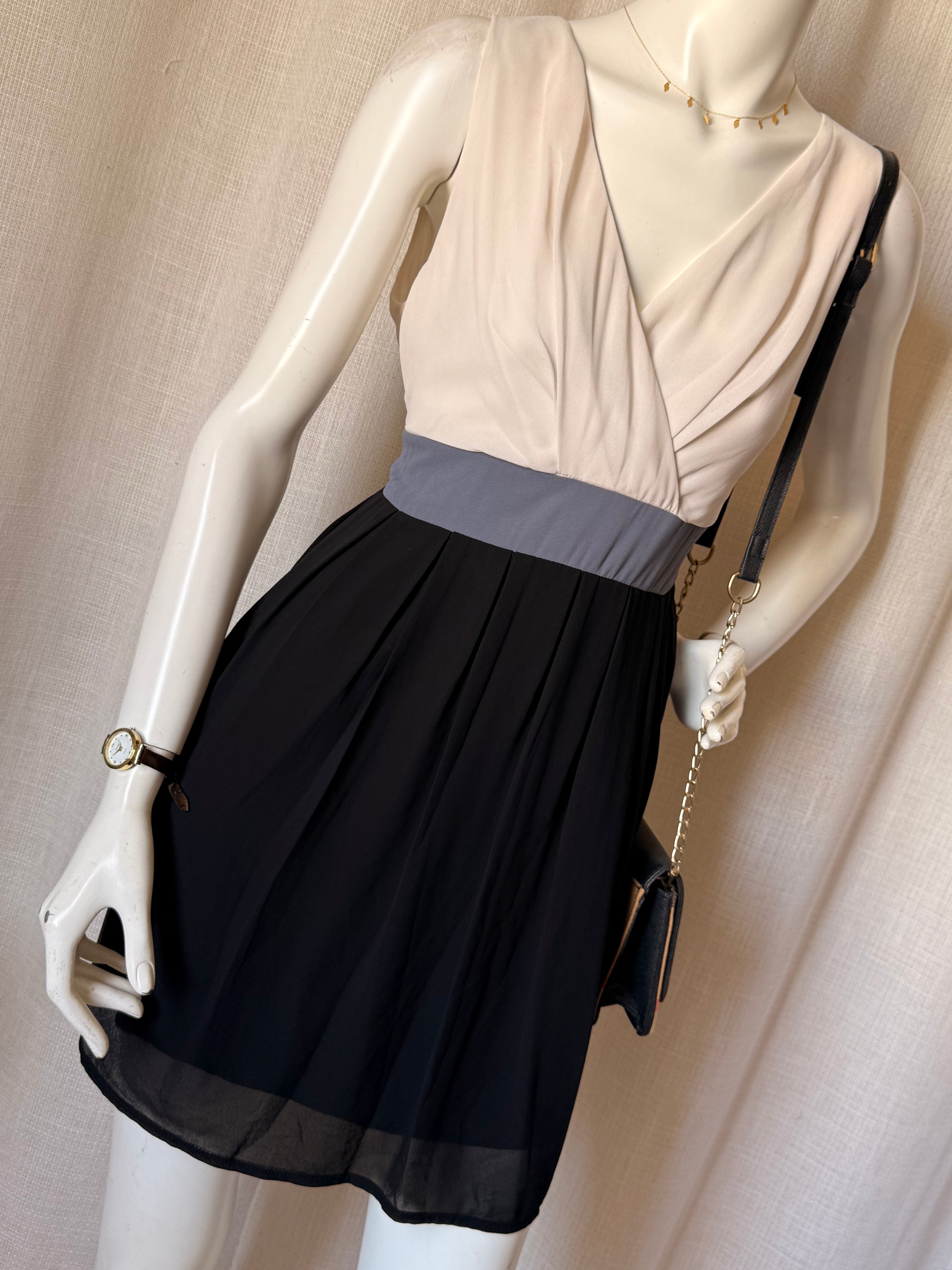 Blush Color-Block Mini Dress - Cream, Grey & Black - Pleated Skirt - Size Large