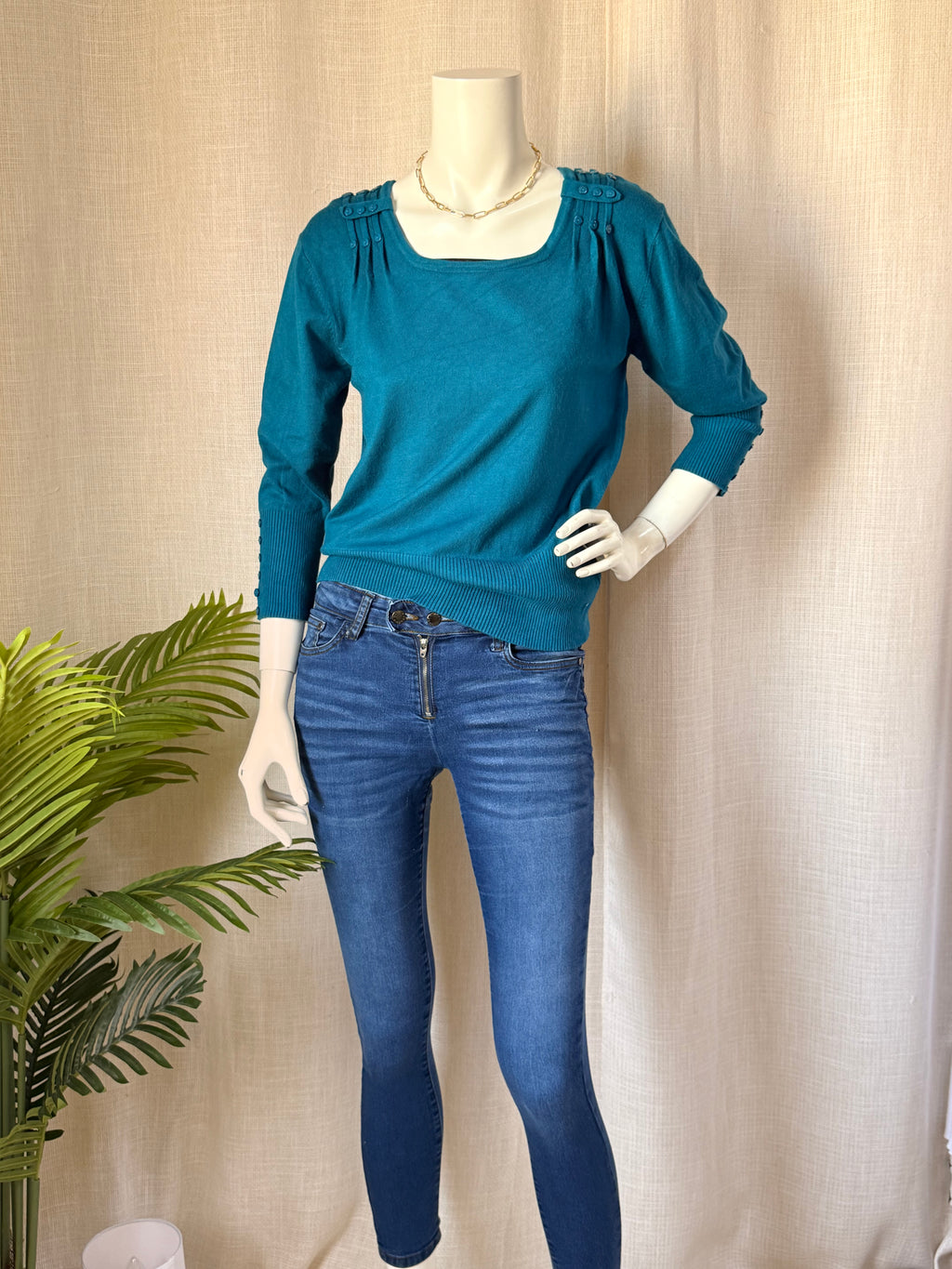Roman Teal Button-Detail Knit Top | UK 12