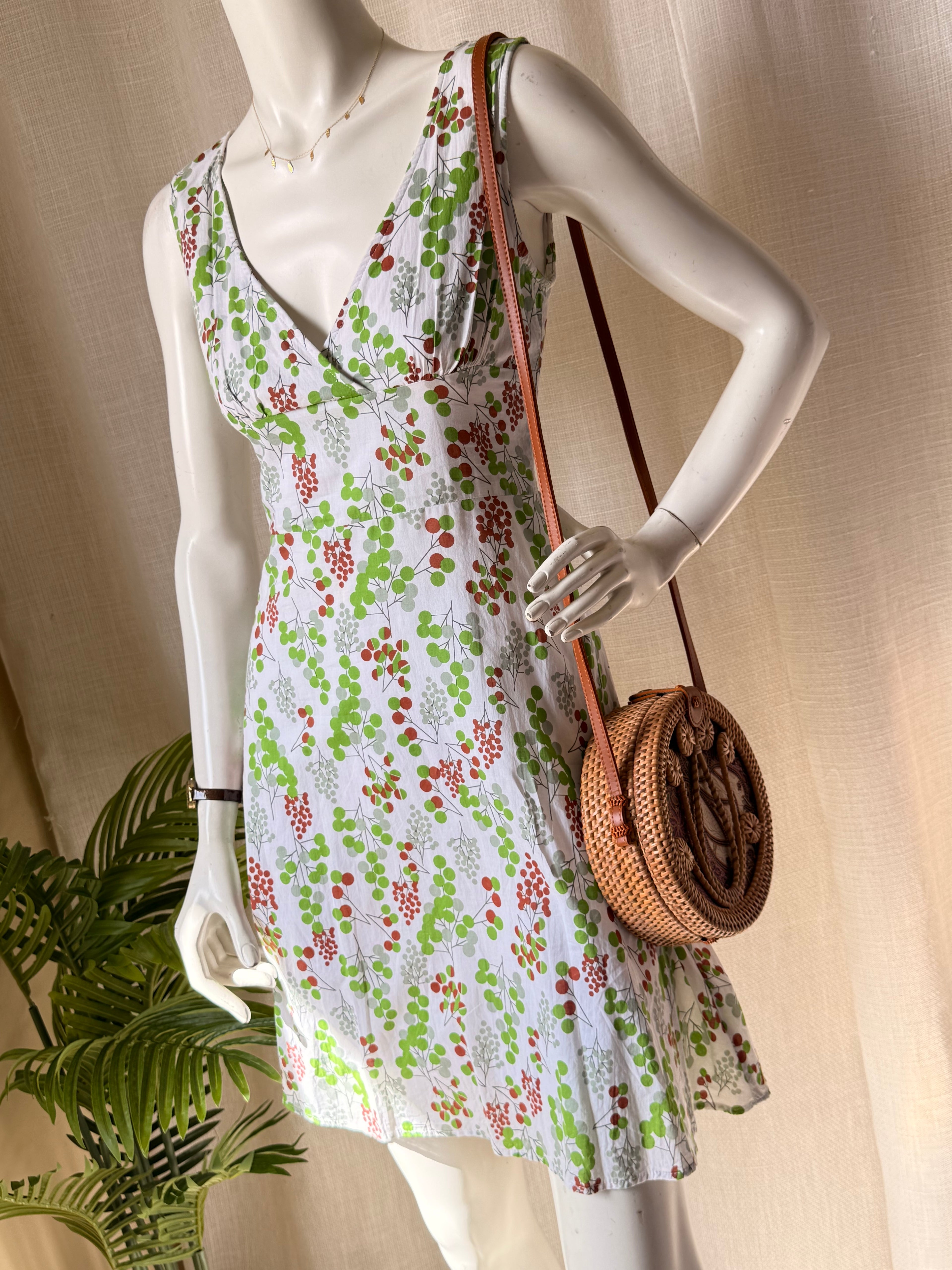 Twenty One Botanical Print Sundress - V-Neck Empire Waist - Green & Terracotta - Size XS/S