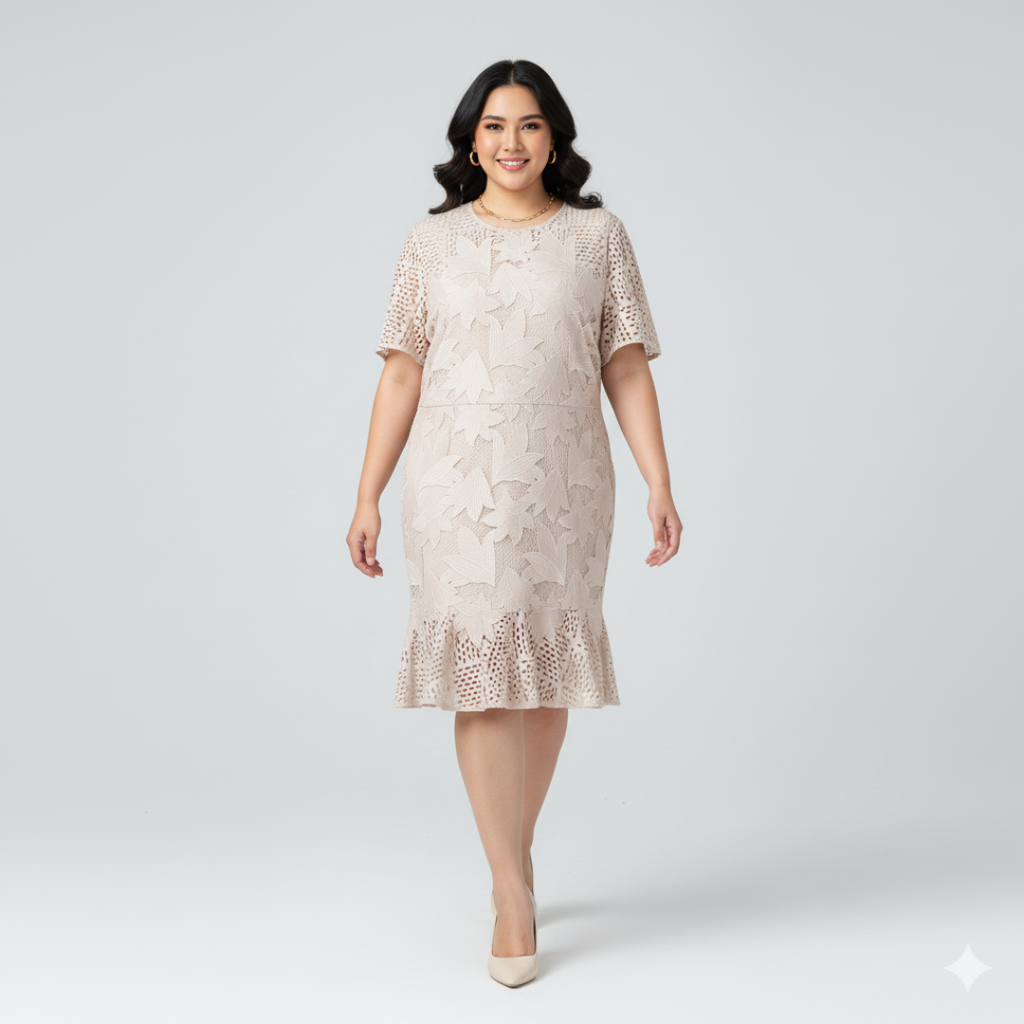 Reiss Nude Crochet Lace Drop Hem Dress | UK 16