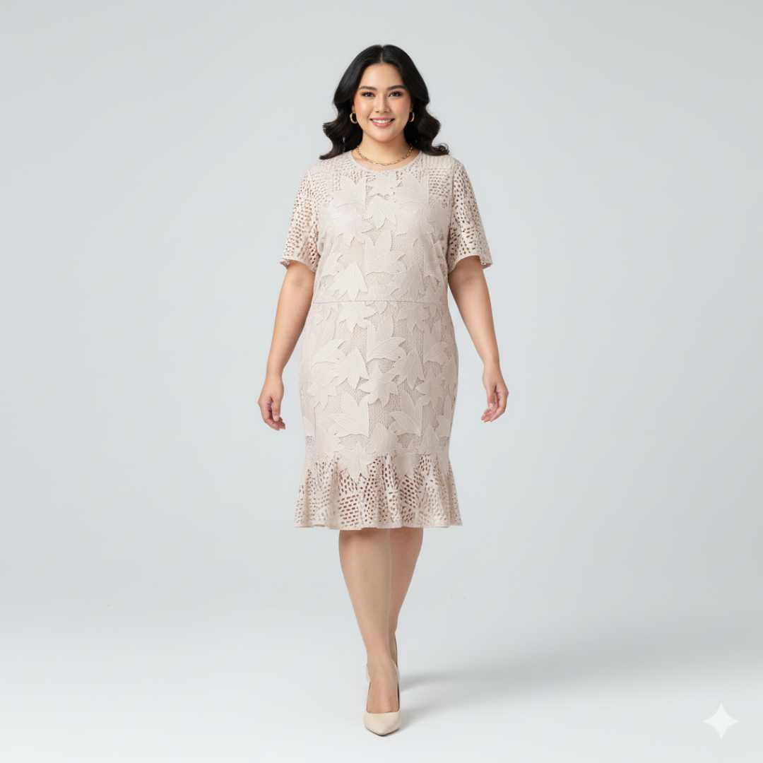 Reiss Nude Crochet Lace Drop Hem Dress | UK 16