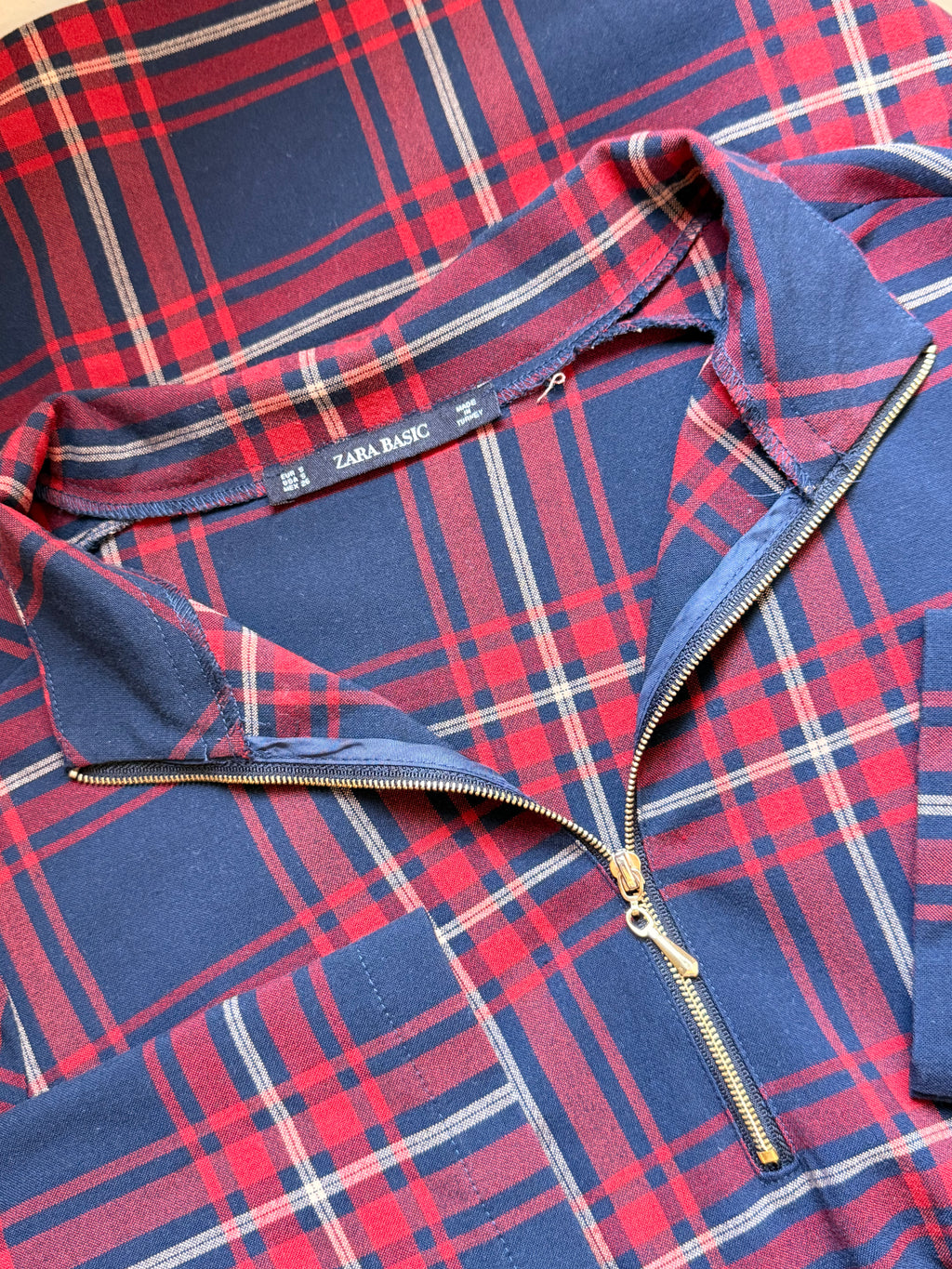 Authentic Zara Basic Navy & Red Plaid Zip Dress – Size S | Smart Casual Women’s Dress UAE