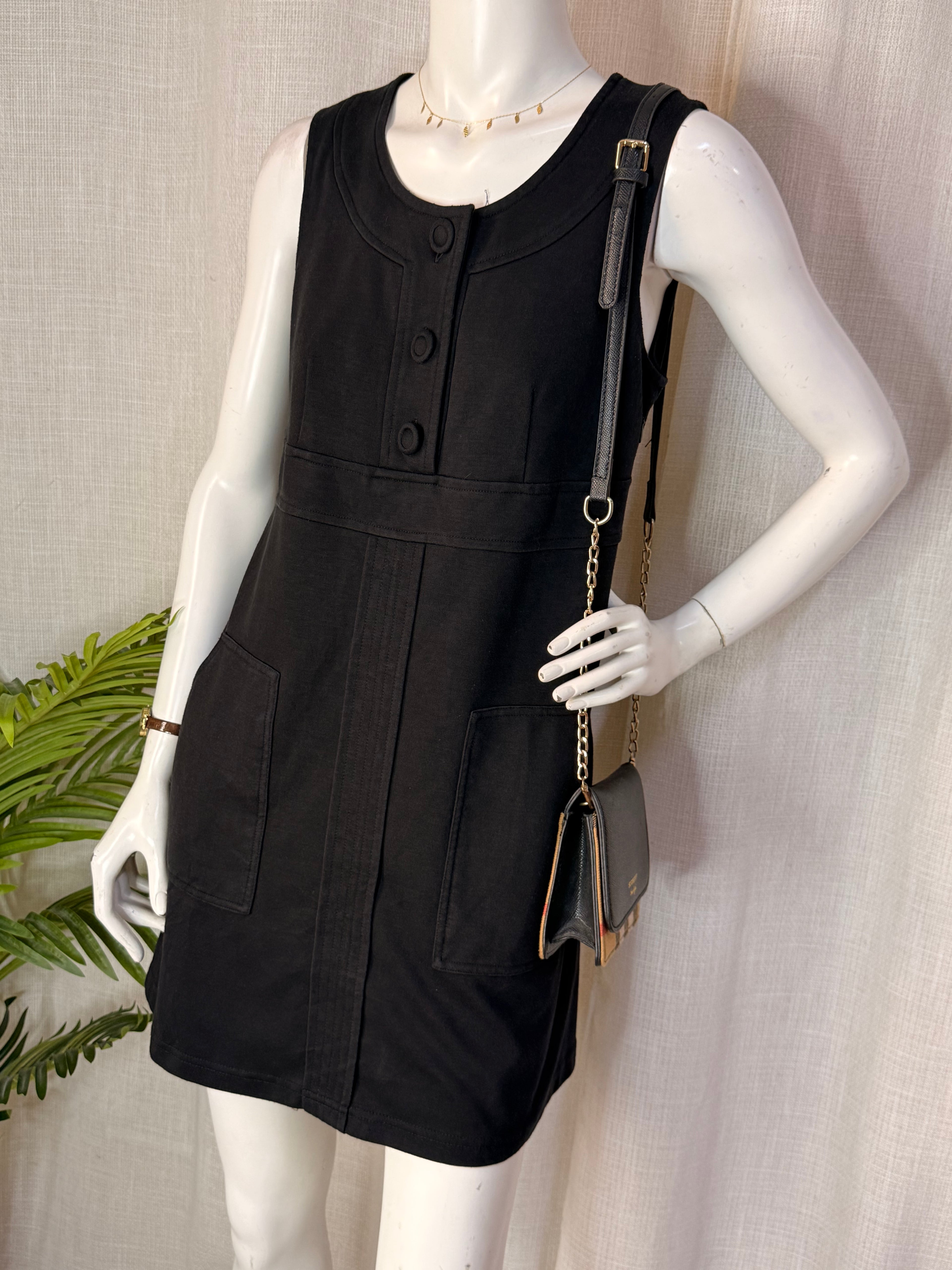 Sfera Black Sleeveless Button Detail Shift Dress – Size M | Casual Work Dress
