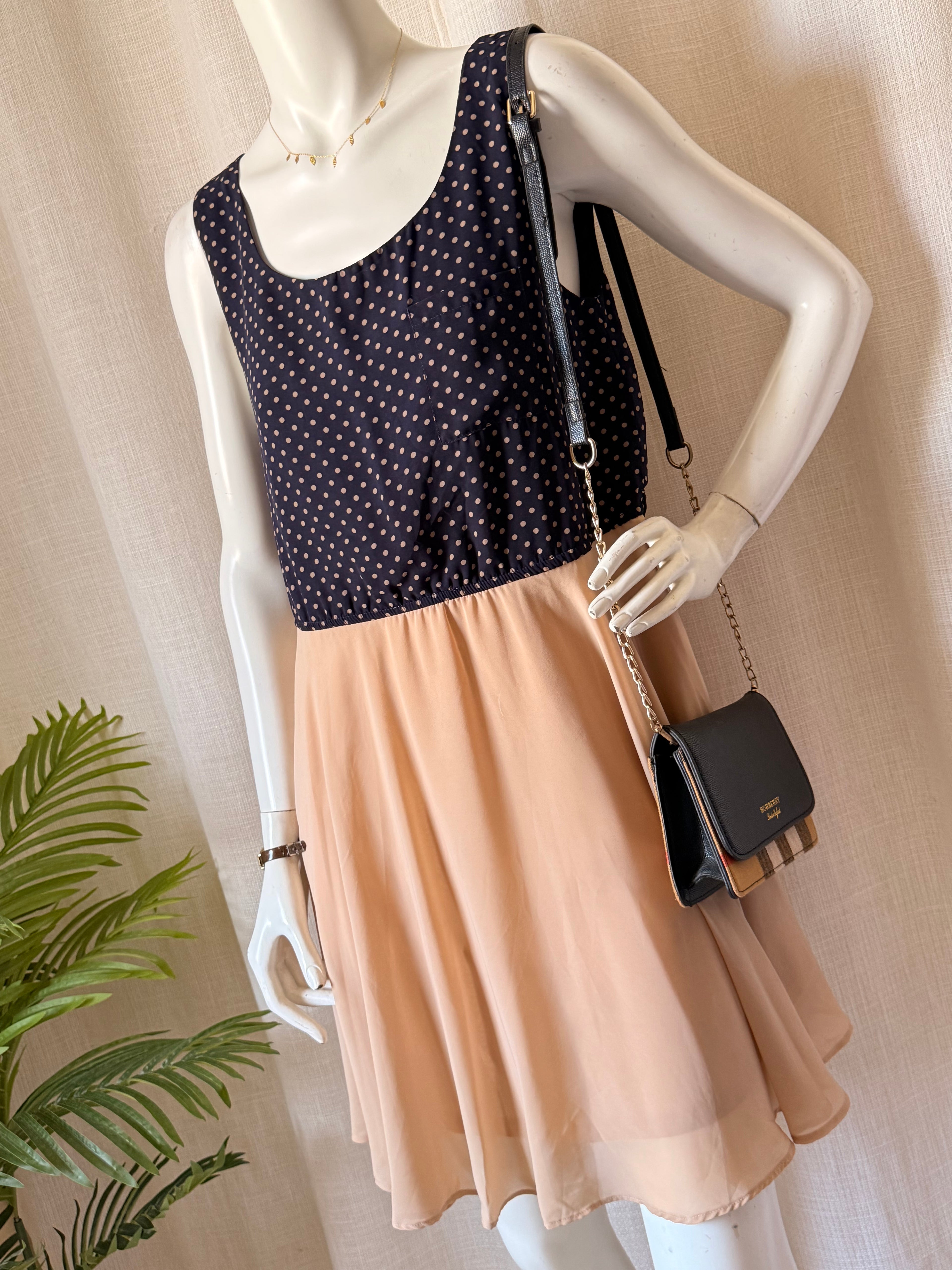 Influence Navy Polka Dot & Peach Skirt Mini Dress - Size UK 12 (Fits UK 10/12)