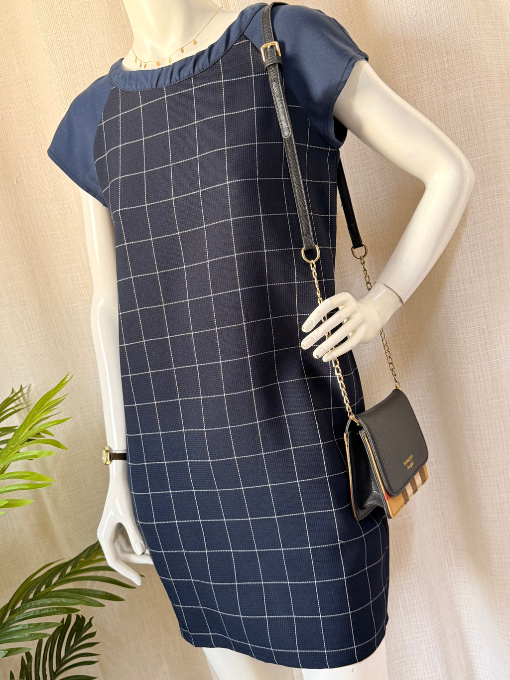 Blush Inc. Navy Grid Print Raglan Shift Dress | Size M